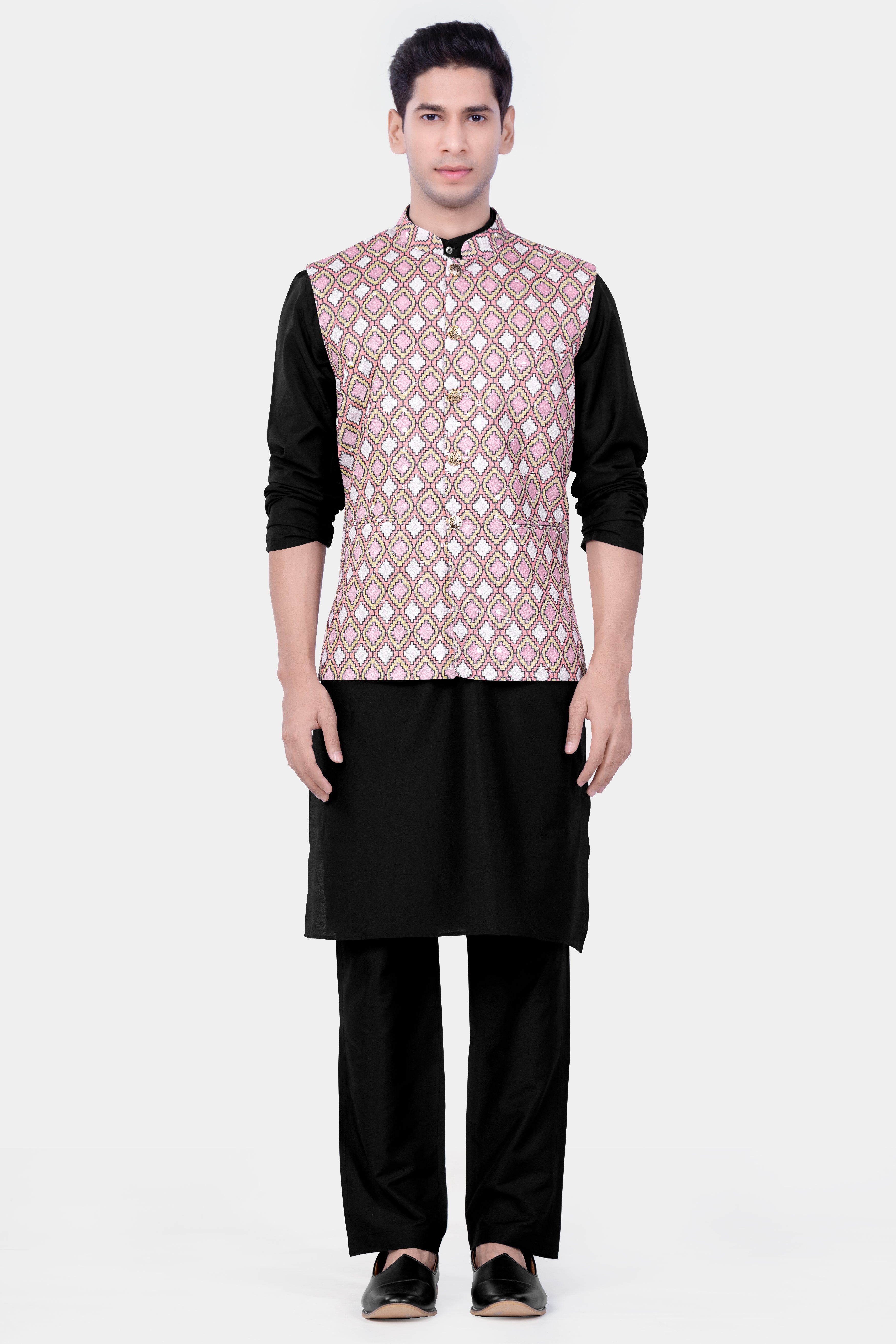 Azalea Pink And Astra Yellow MultiColour Designer Embroidered Nehru Jacket