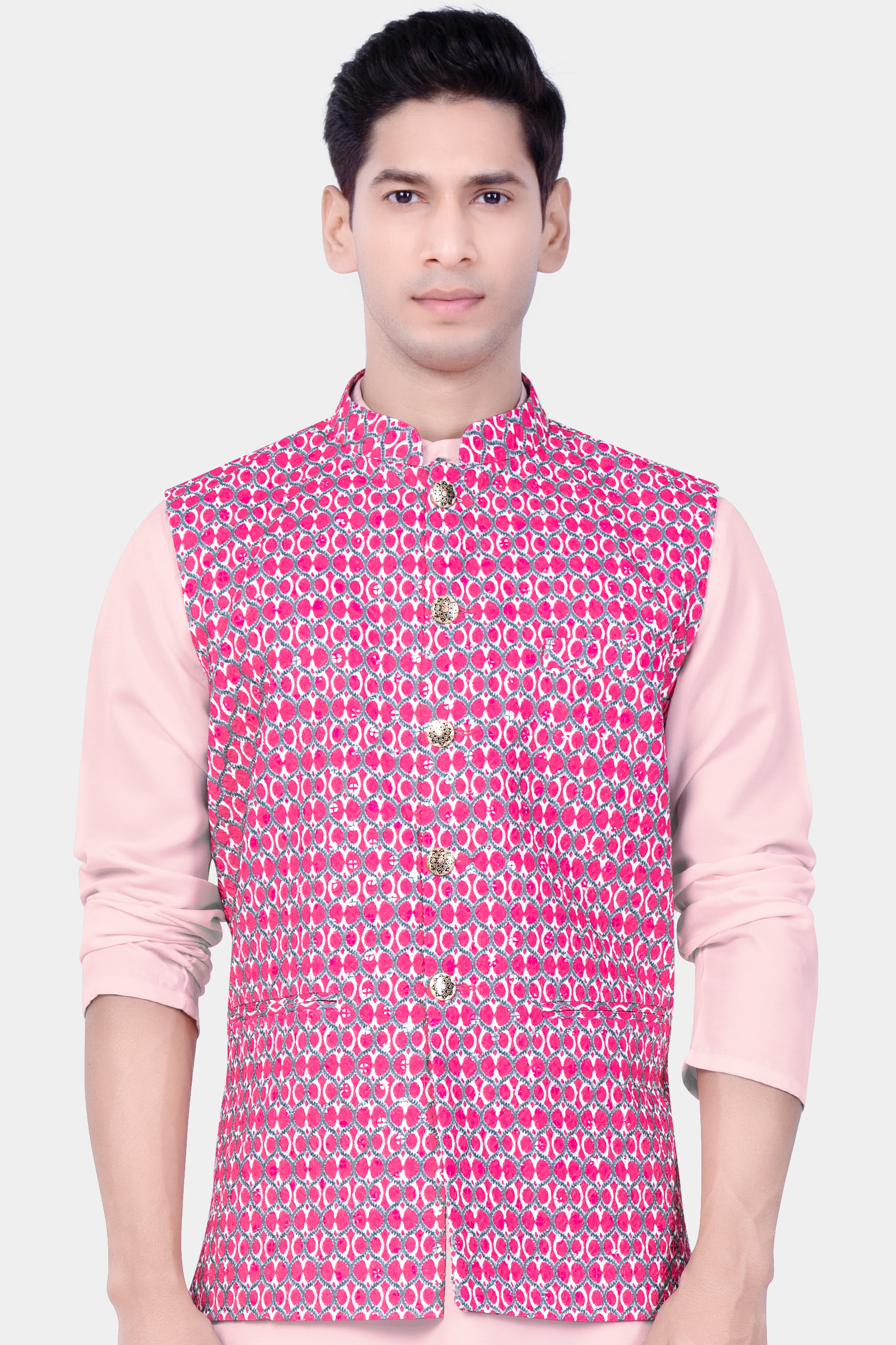 French Rose Pink And Bright White Designer Embroidered Nehru Jacket