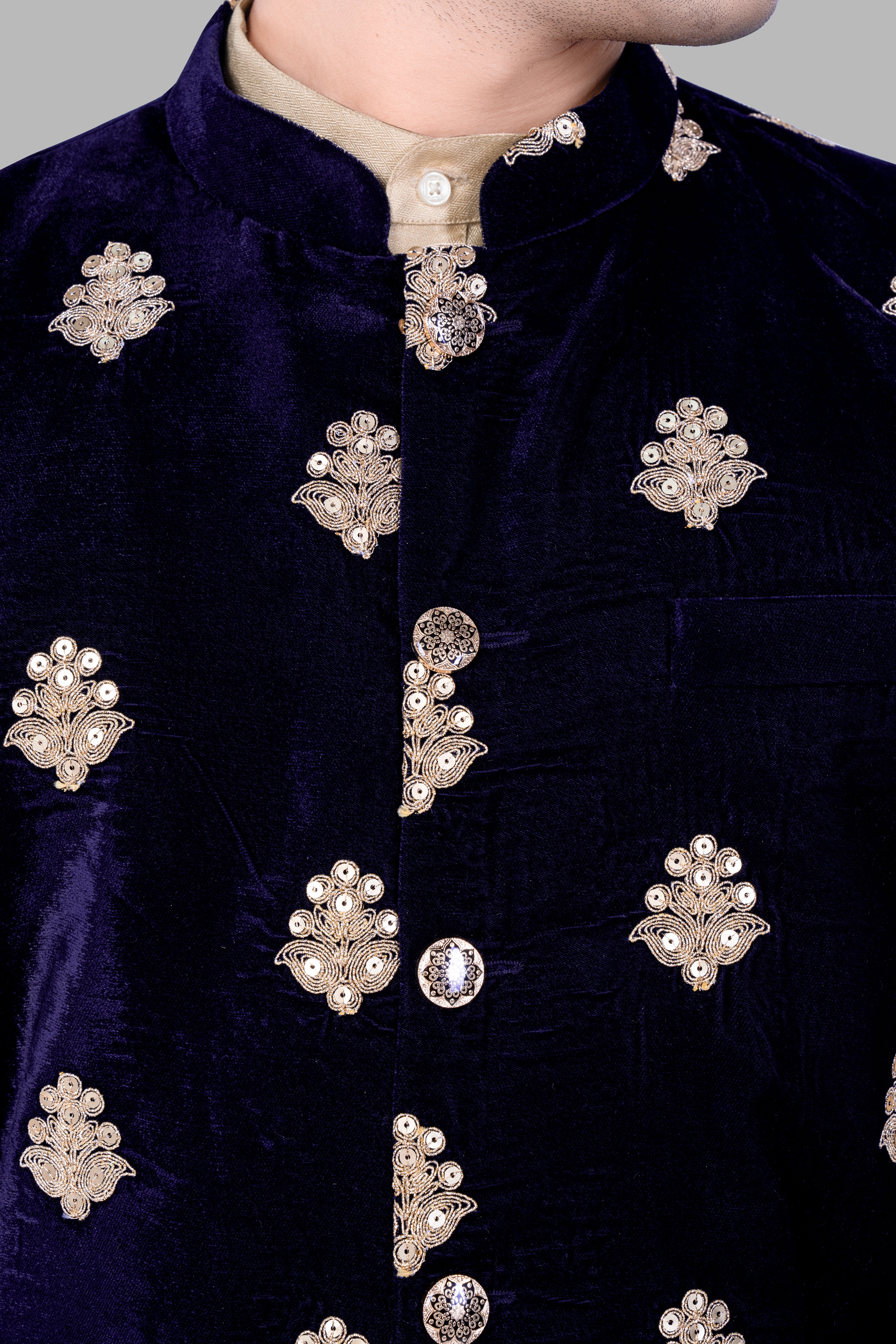 Cinder Blue Designer Velvet Sequin And Thread Embroidered Nehru Jacket