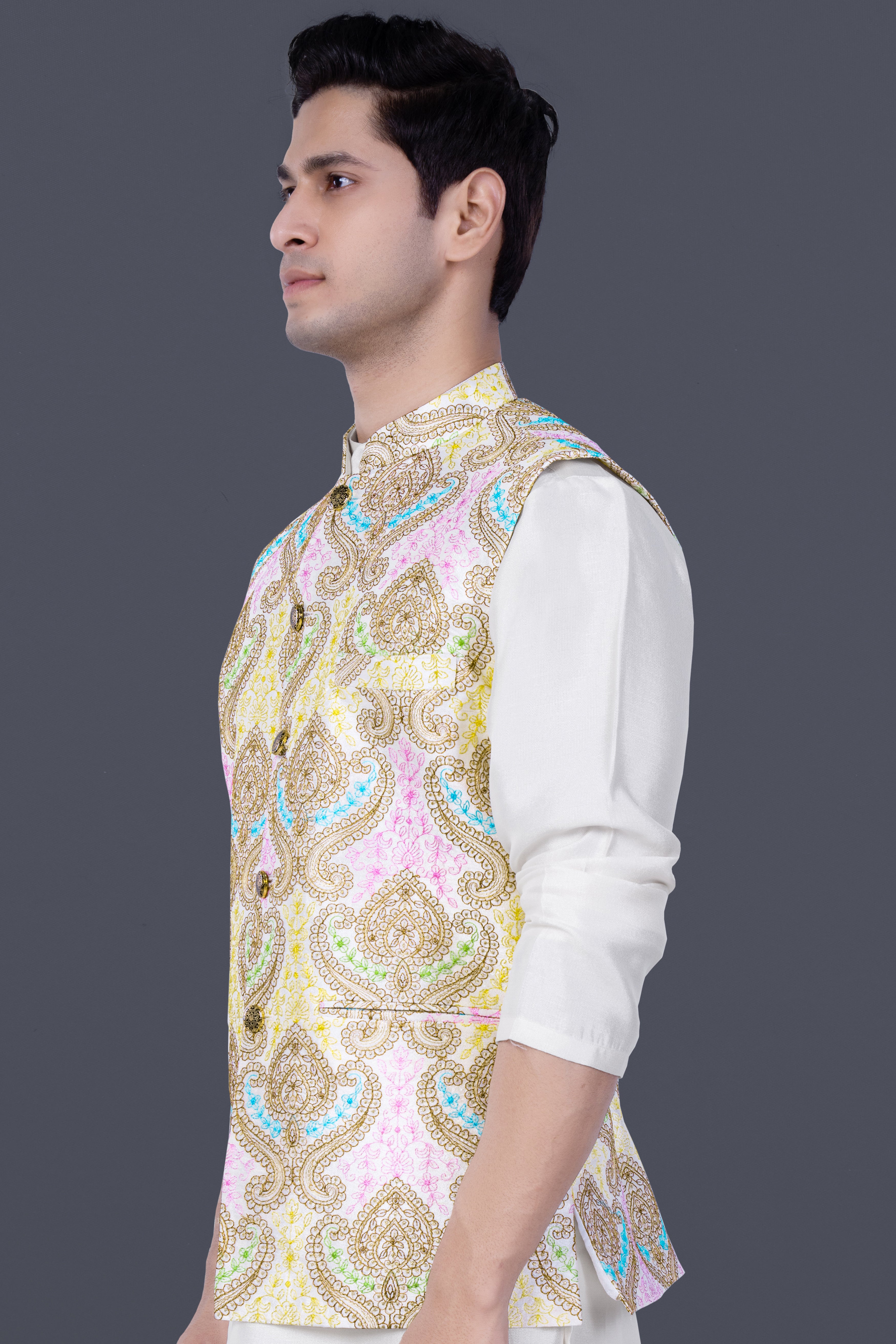 Neon Fuchsia Pink And Starship Yellow MultiColour Embroidered Nehru Jacket