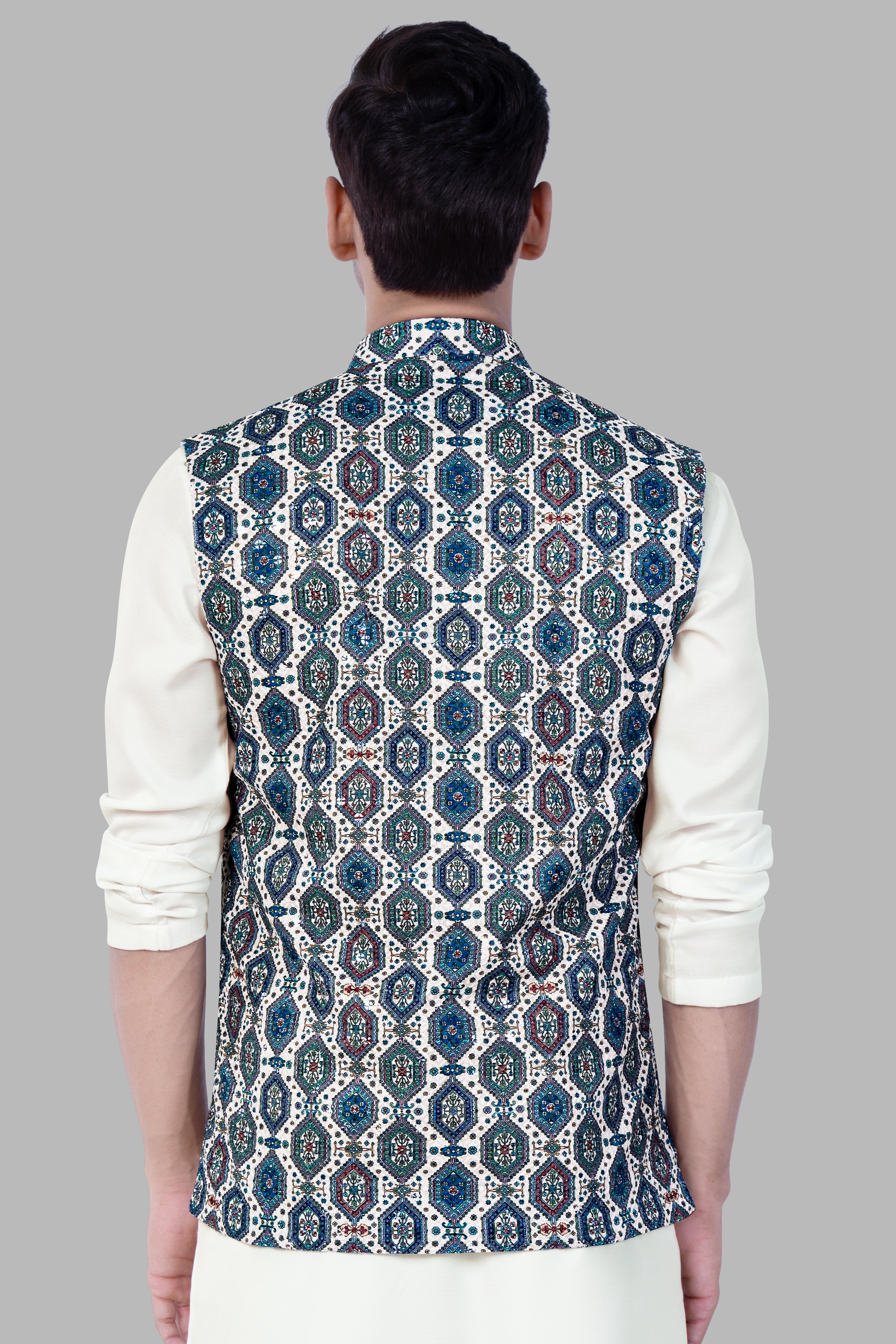 Bluish blue And Claret Red Thread Embroidered Nehru Jacket