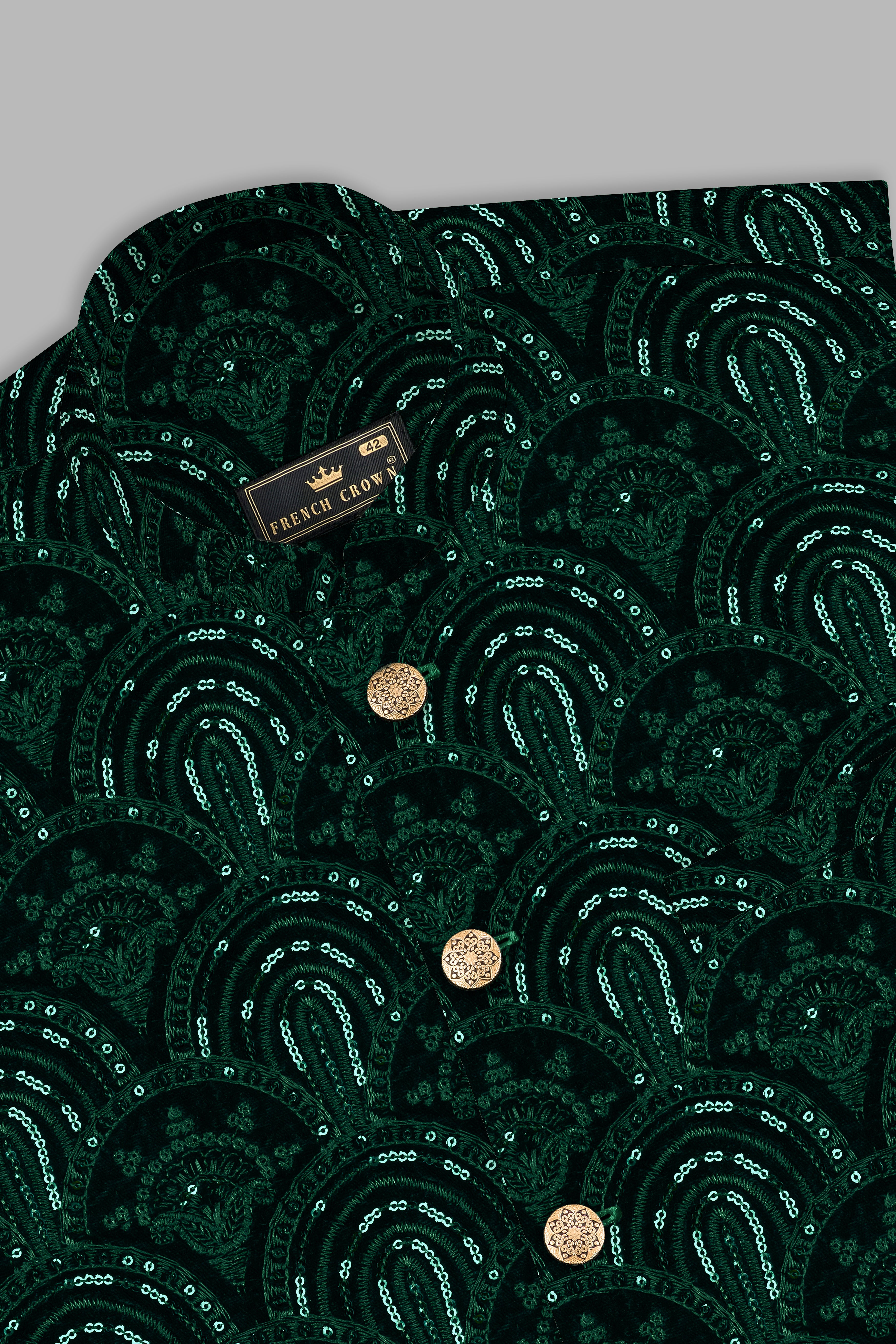 Holly Green Velvet Sequins And Thread Embroidered Nehru Jacket