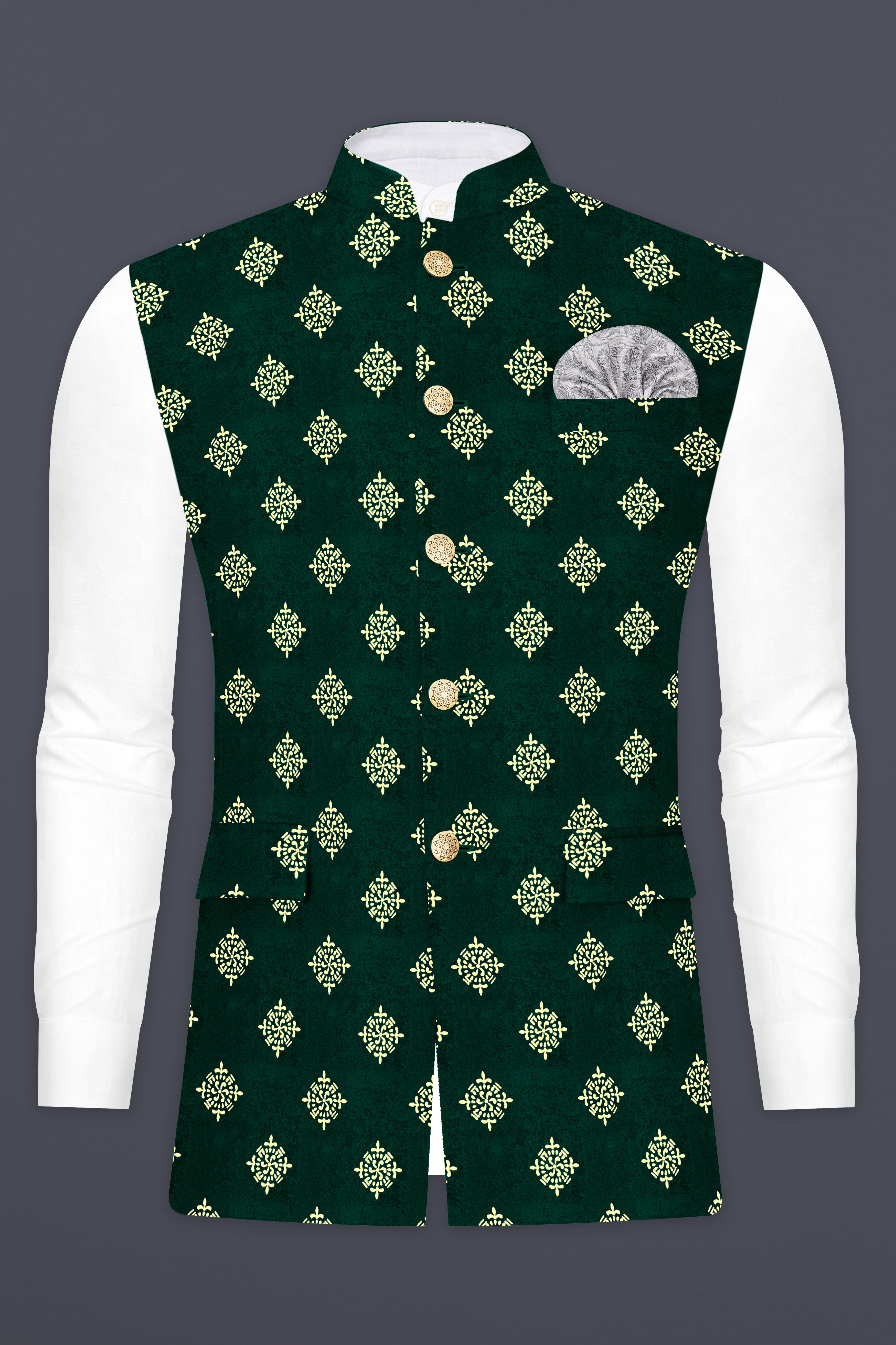 Burnham Green Velvet Printed Designer Nehru Jacket