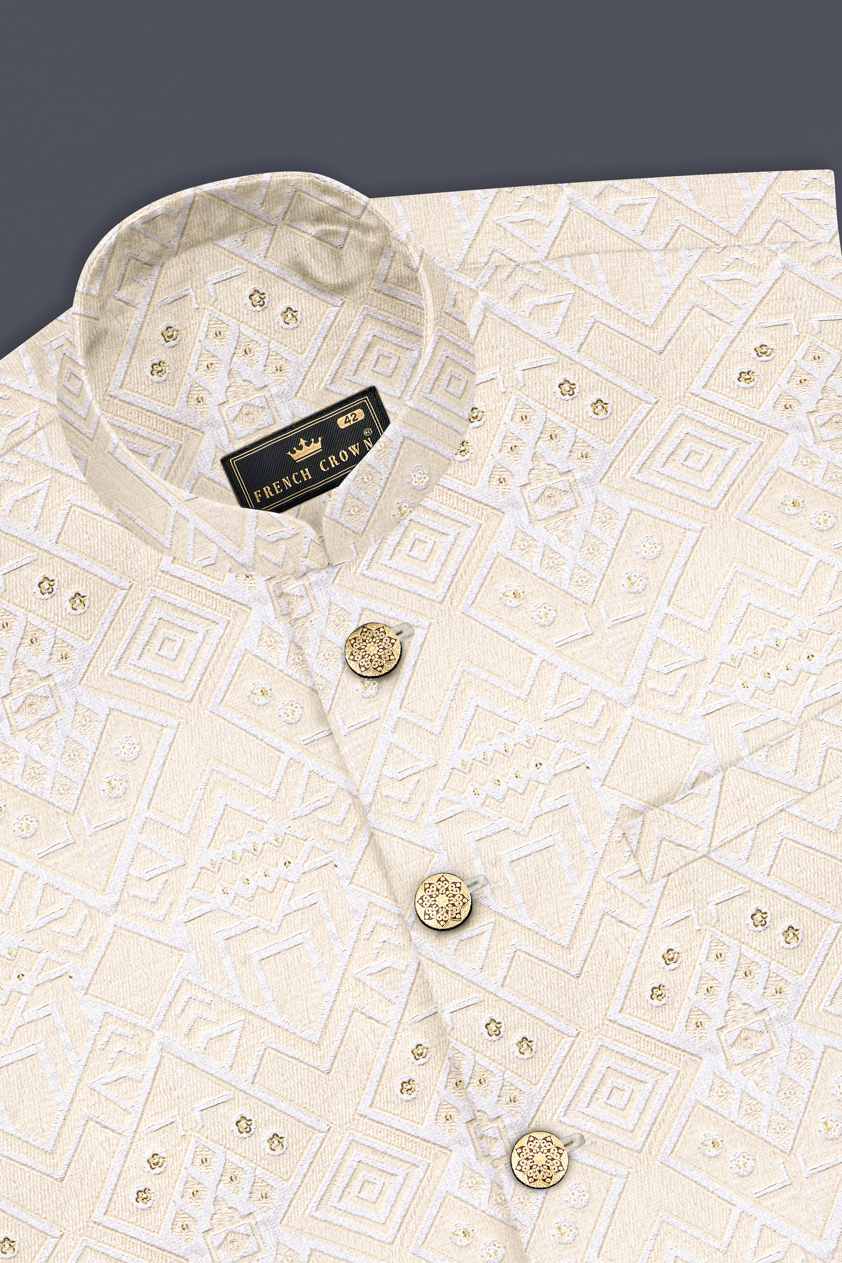 Merino Cream Geometric Thread And Sequin Embroidered Nehru Jacket