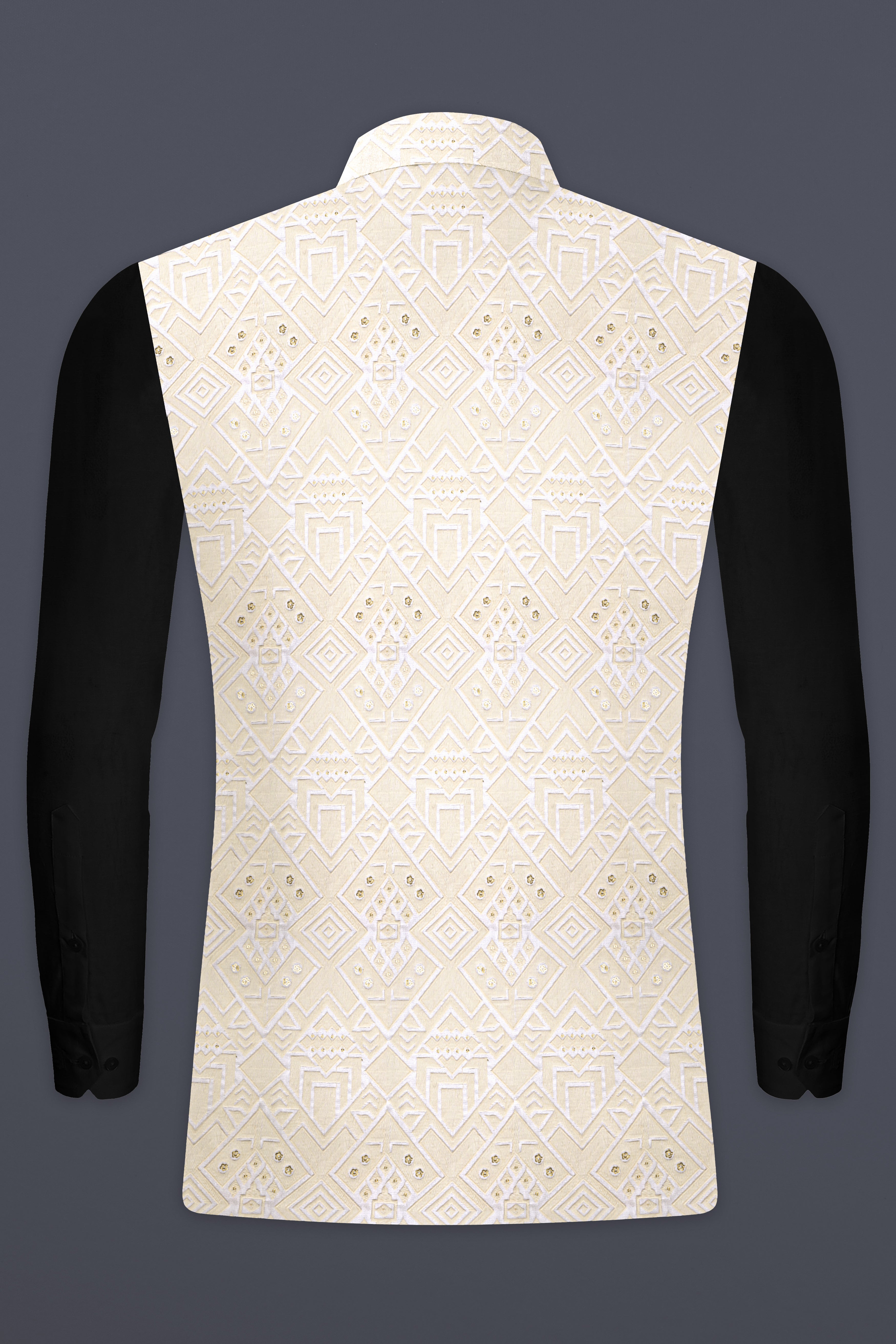 Merino Cream Geometric Thread And Sequin Embroidered Nehru Jacket