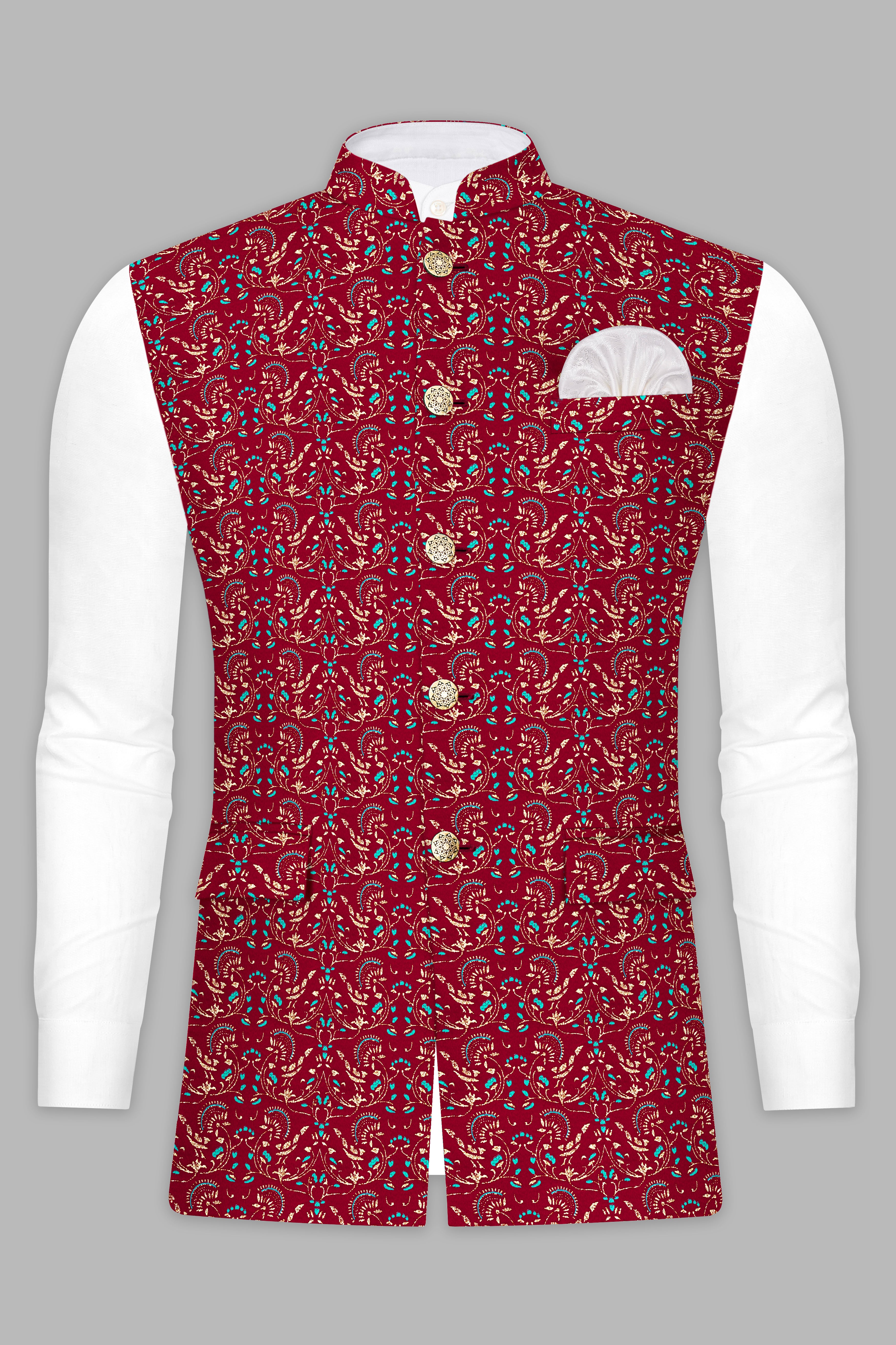 Claret Red And Aqua Marine Blue Velvet Printed Designer Nehru Jacket