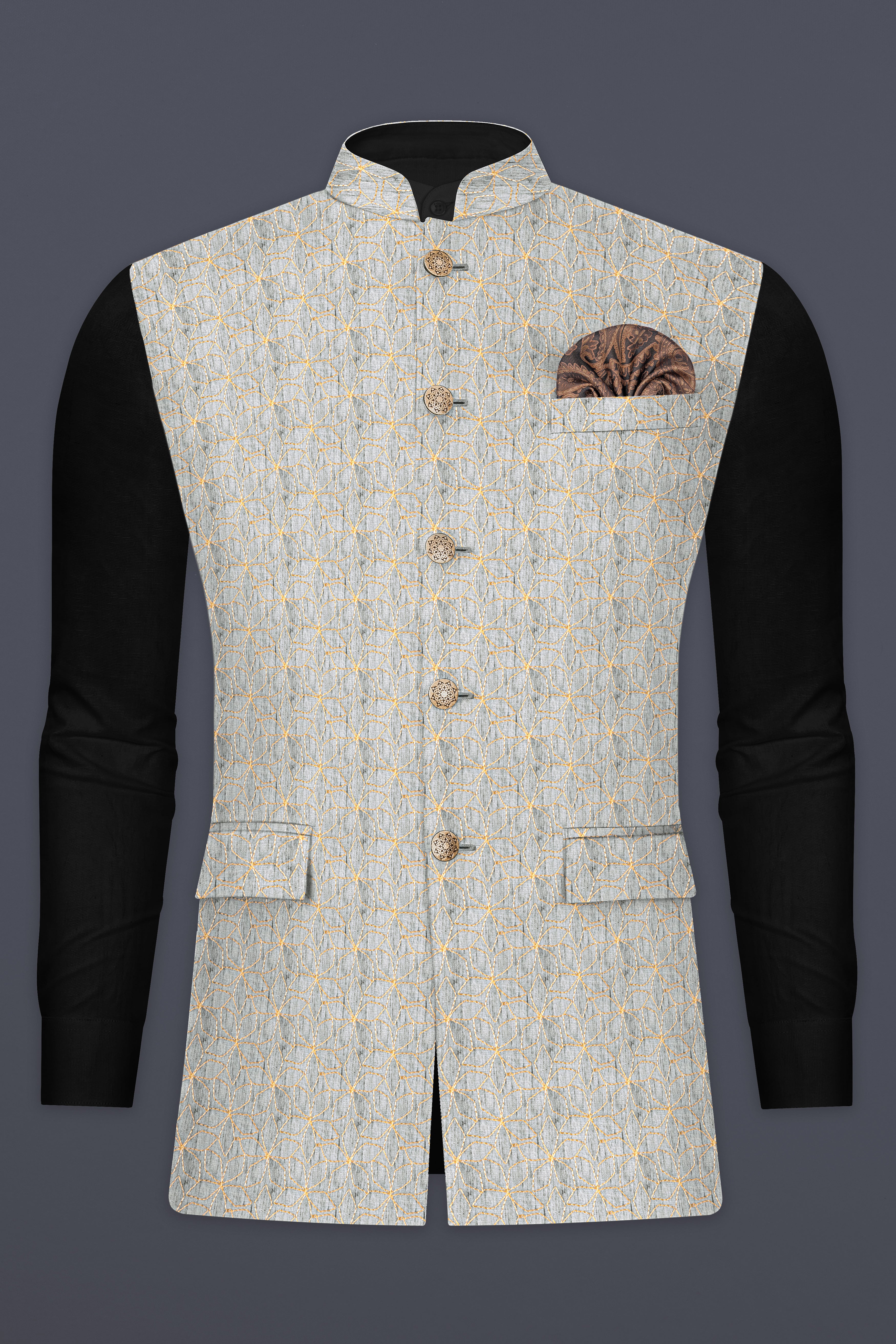 Pastel gray Flower Embroidered Nehru Jacket