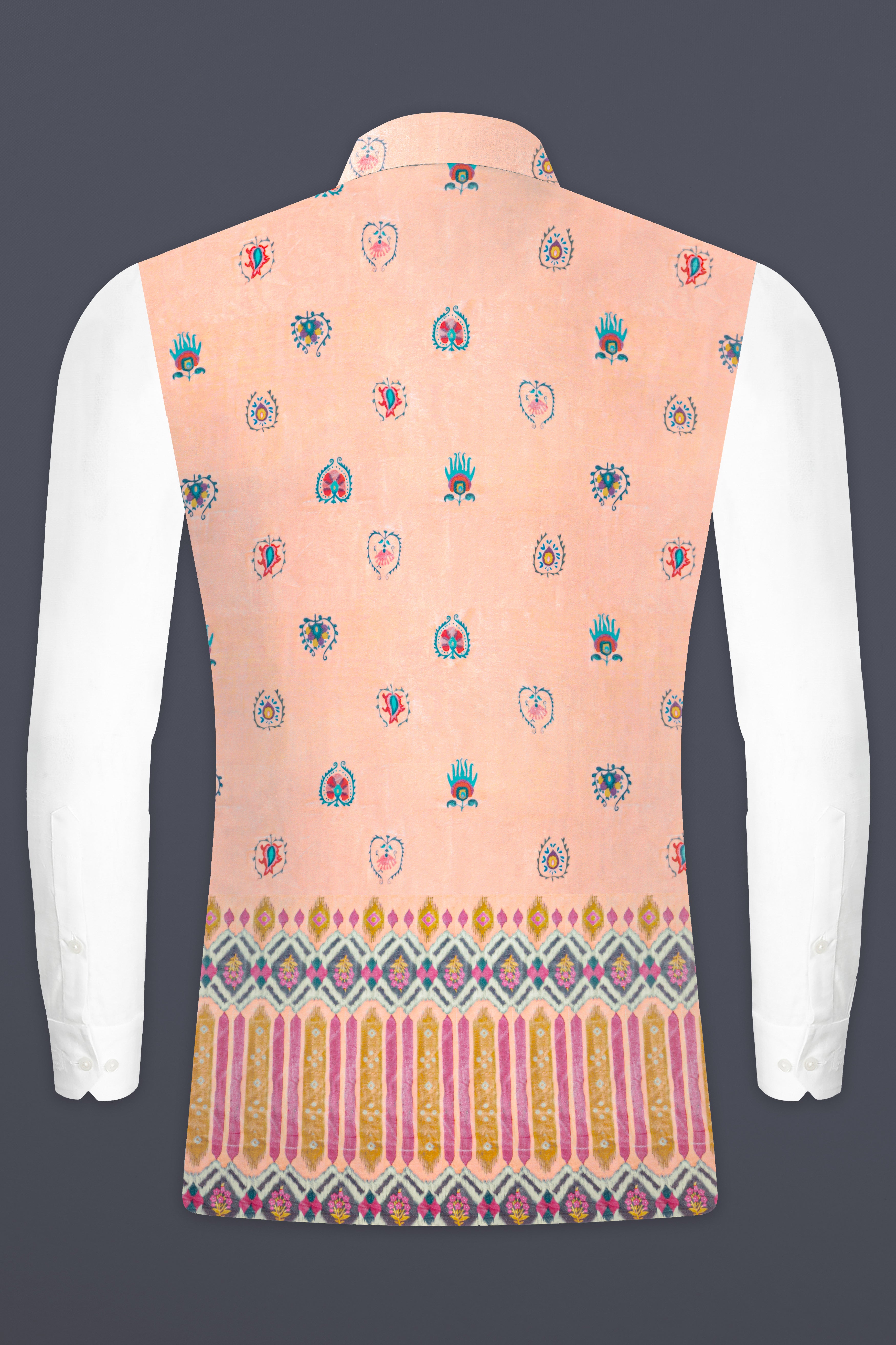 Spanish Peach And Glacier Blue Velvet Printed Designer Nehru Jacket