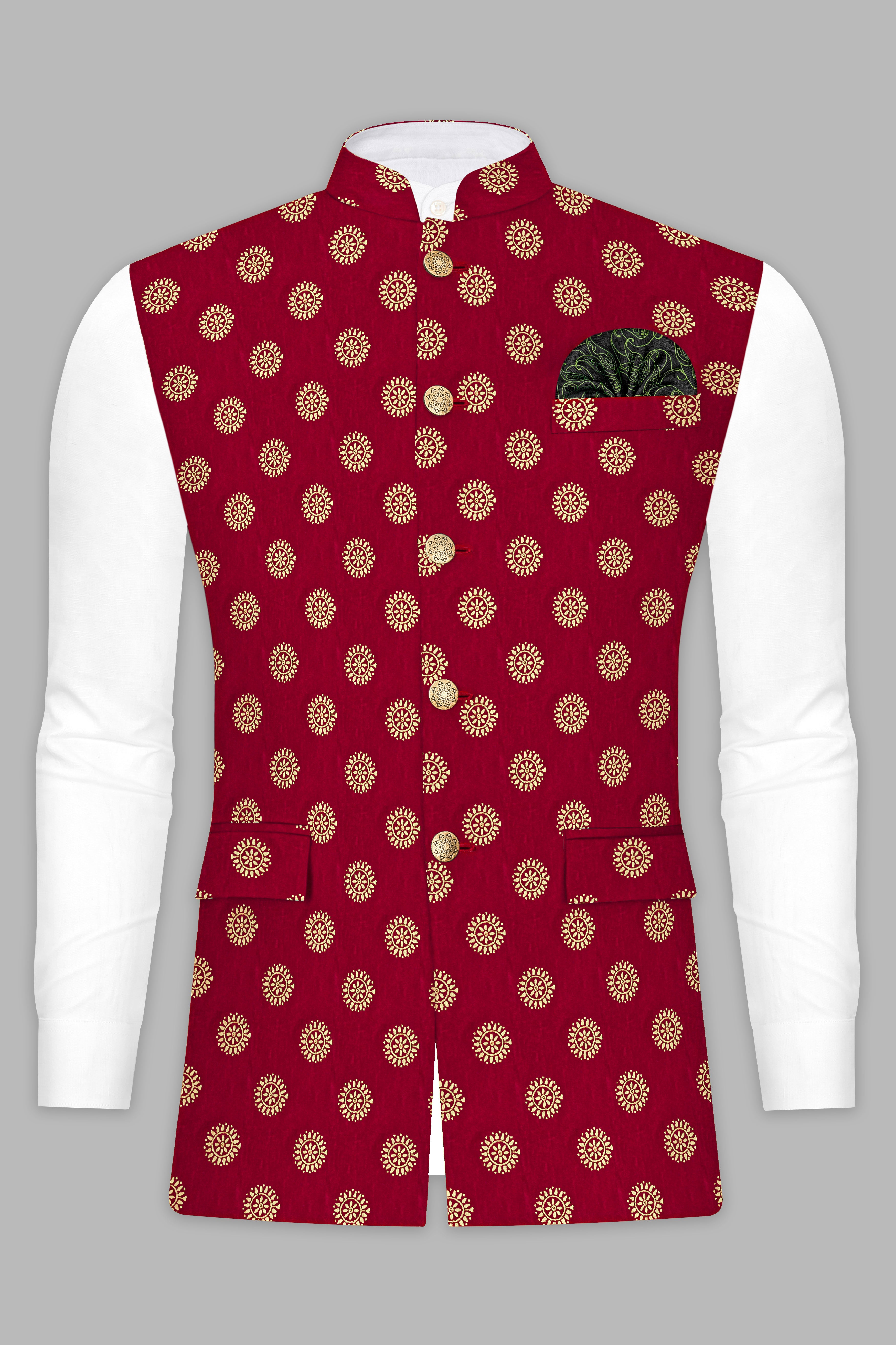 Paprika Red And Golden Circle Velvet Floral Foil Printed Nehru Jacket