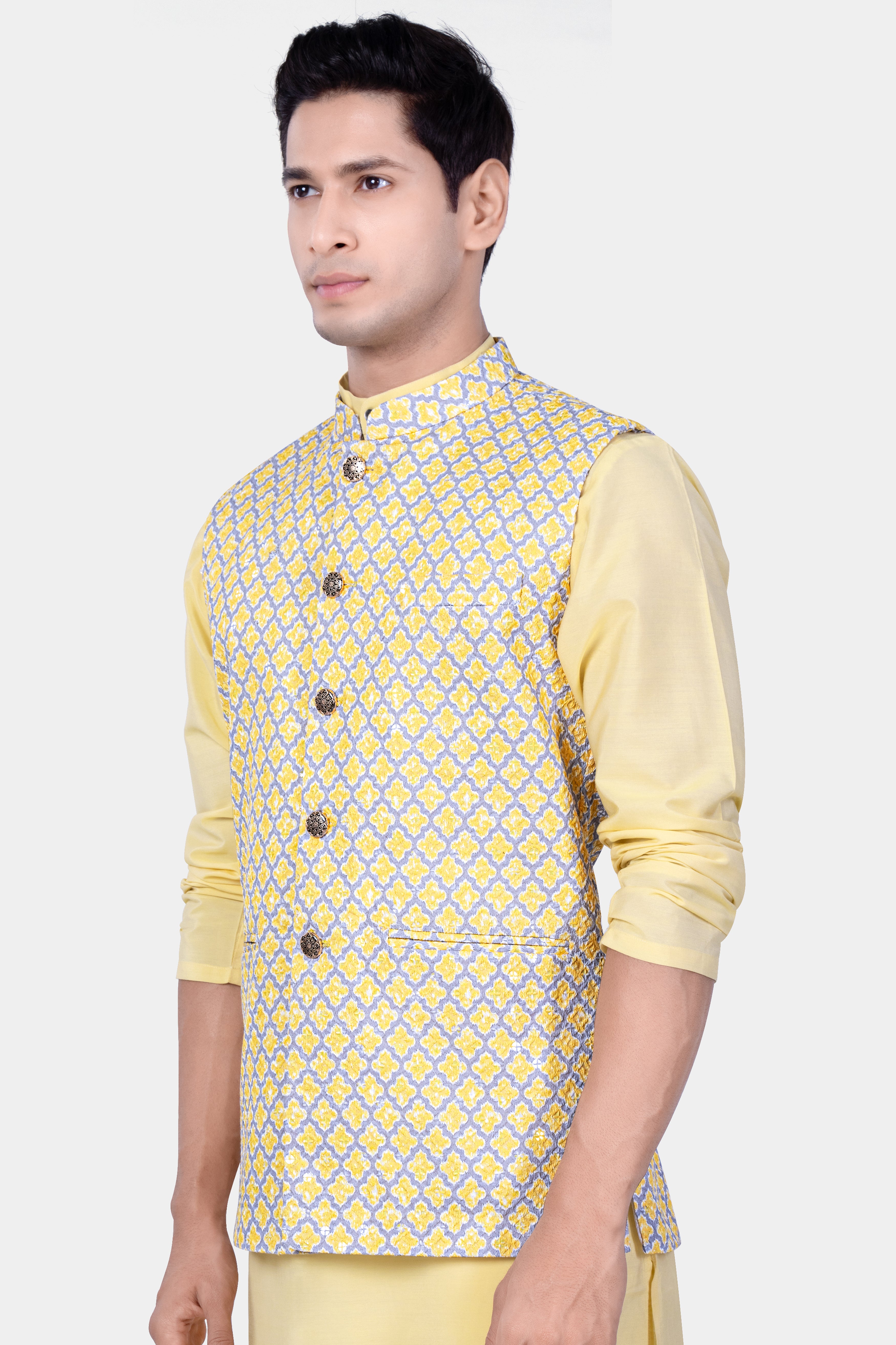 Marzipan Yellow And Casper Gray Thread Embroidered Nehru Jacket