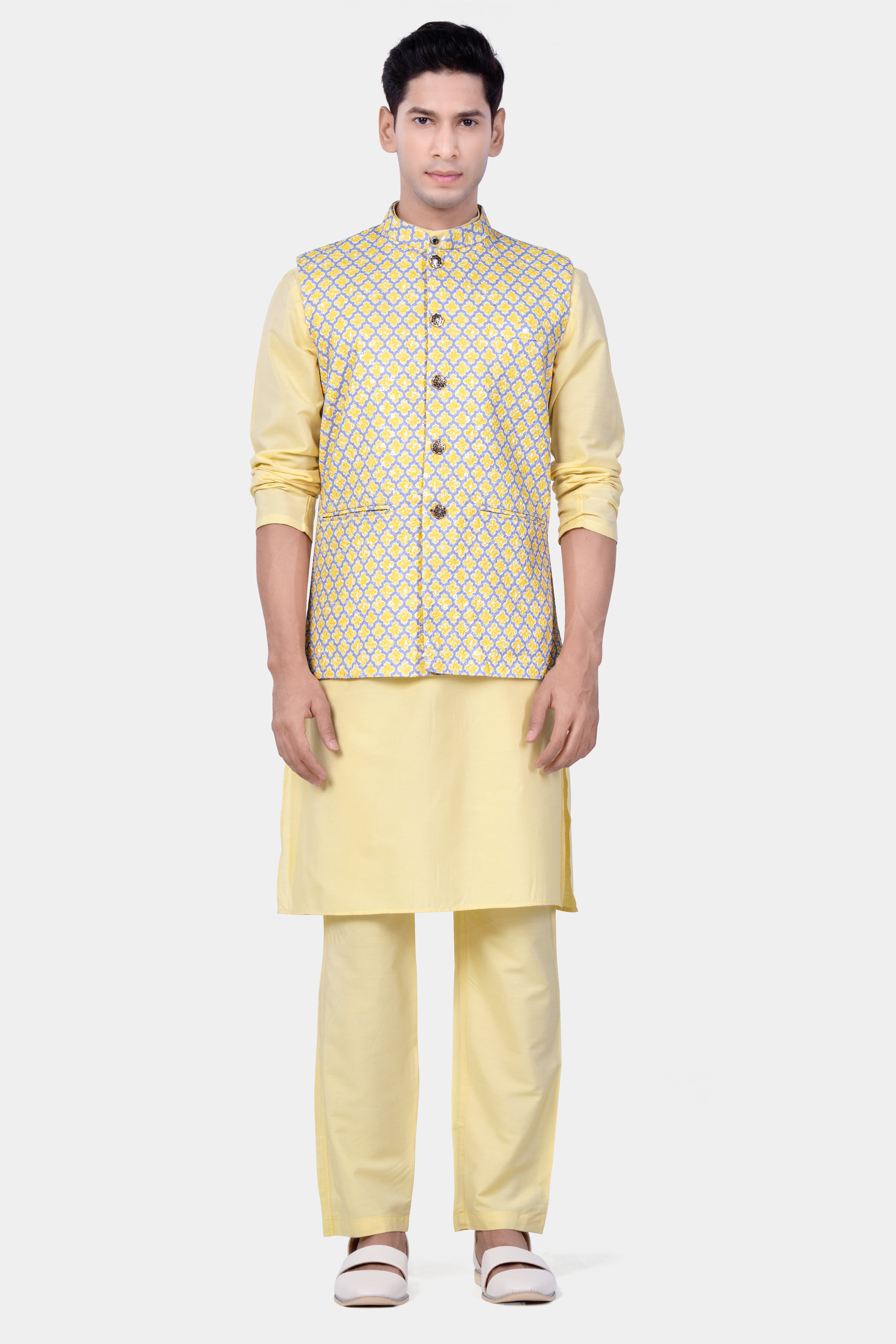 Marzipan Yellow And Casper Gray Thread Embroidered Nehru Jacket