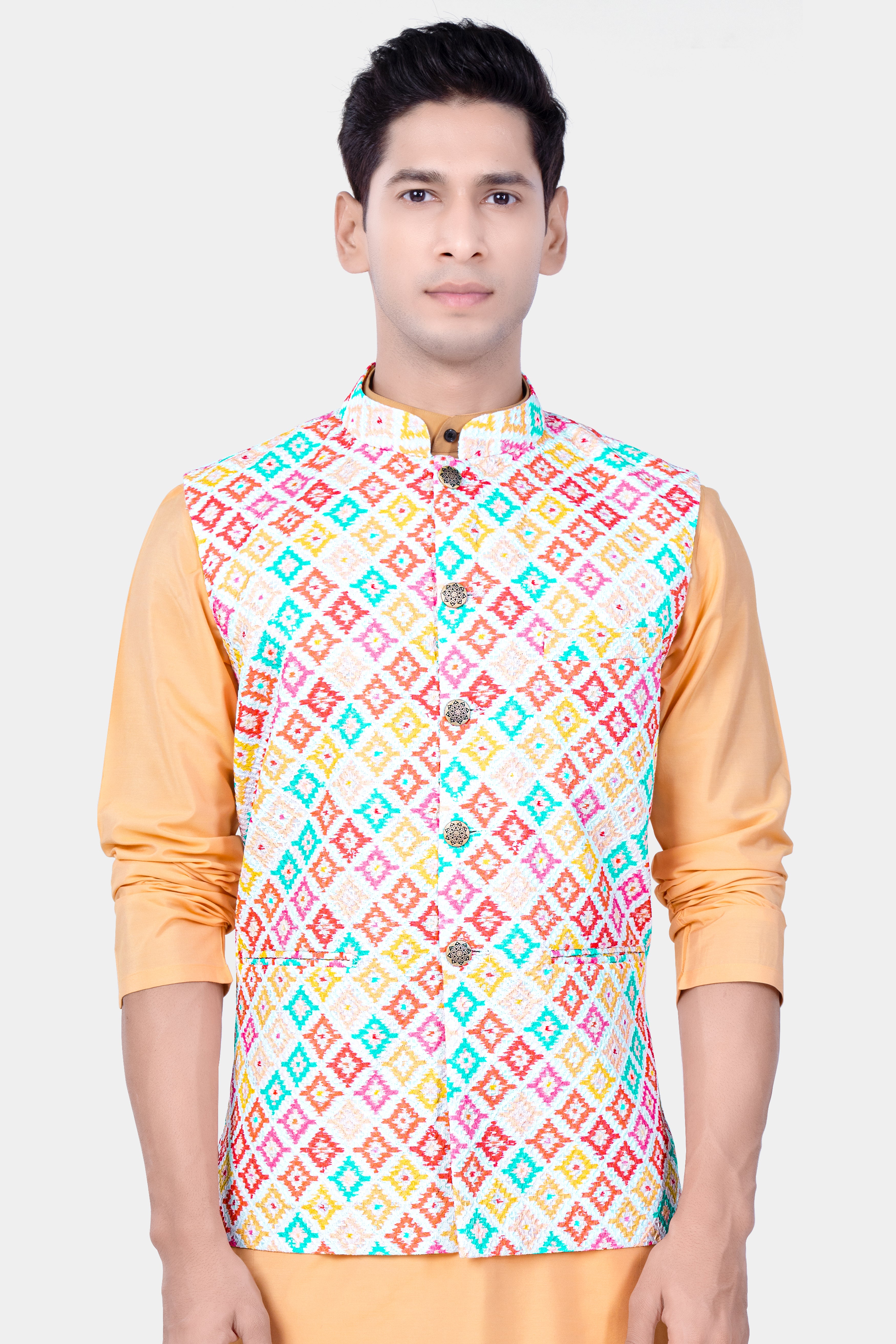 Bright White And Orchid Pink MultiColour Designer Embroidered Nehru Jacket