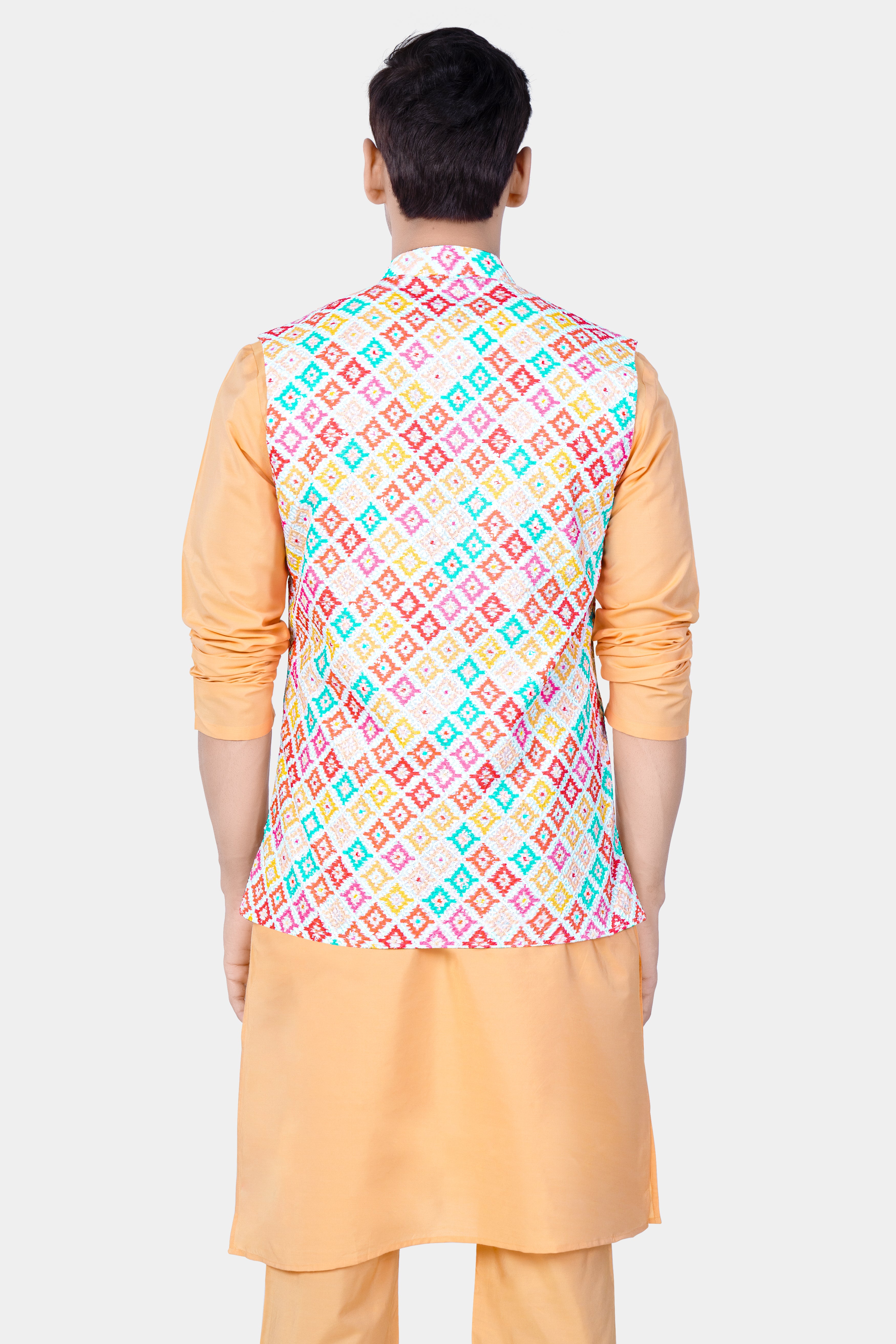 Bright White And Orchid Pink MultiColour Designer Embroidered Nehru Jacket