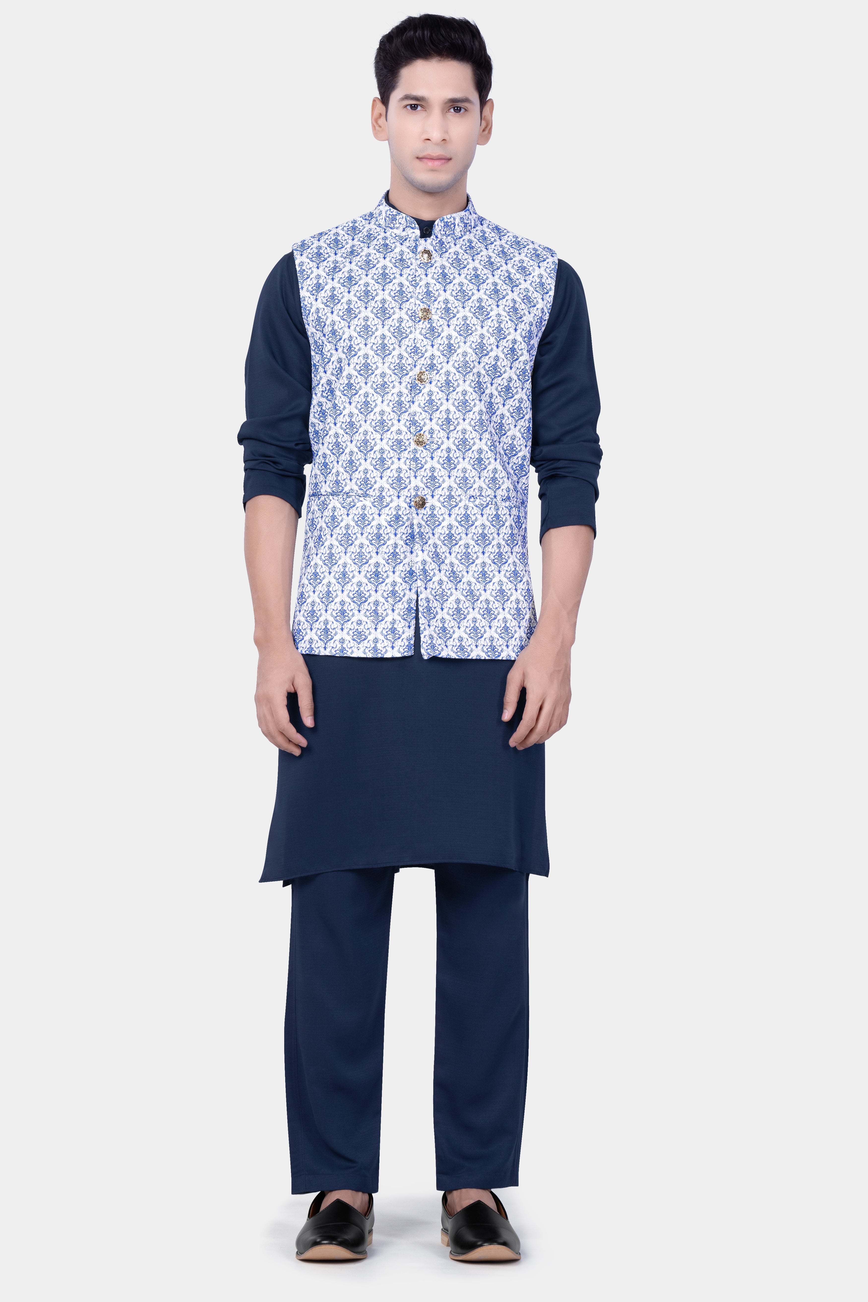 Tealish Blue And Bright White Designer Embroidered Nehru Jacket