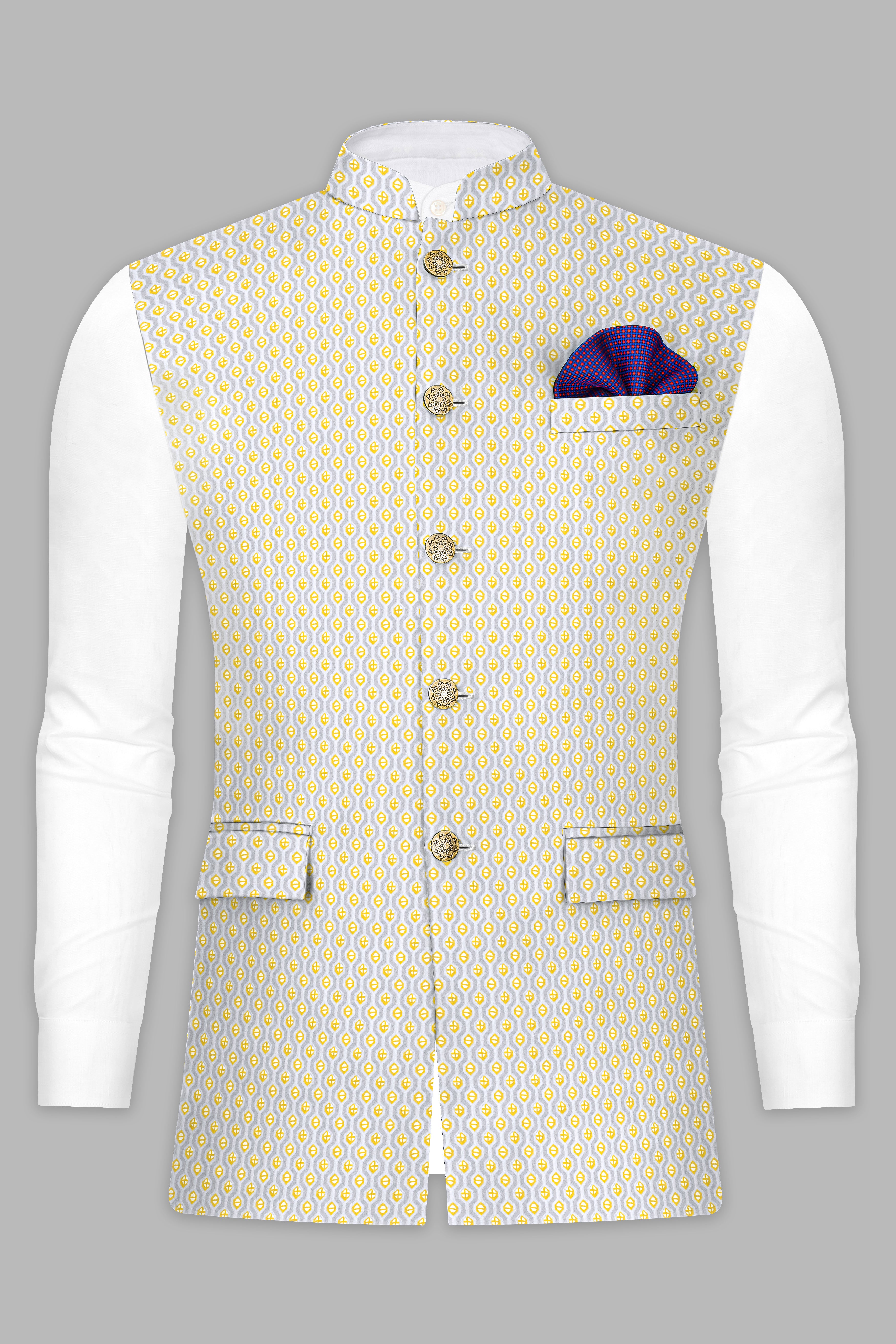 Arylide Yellow And Ghost Gray Designer Embroidered Nehru Jacket