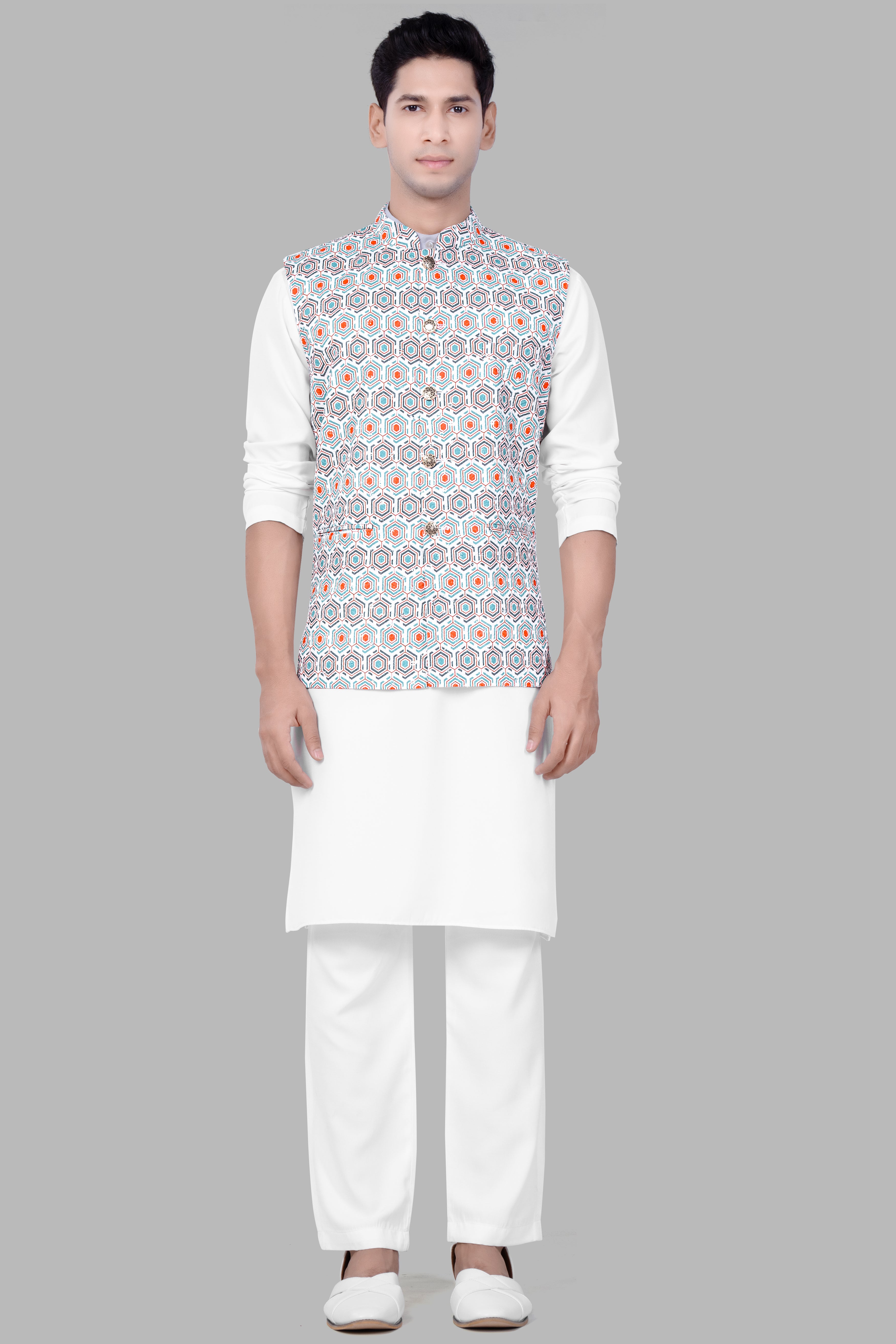 Bright White And Turquoise Blue Designer Embroidered Nehru Jacket