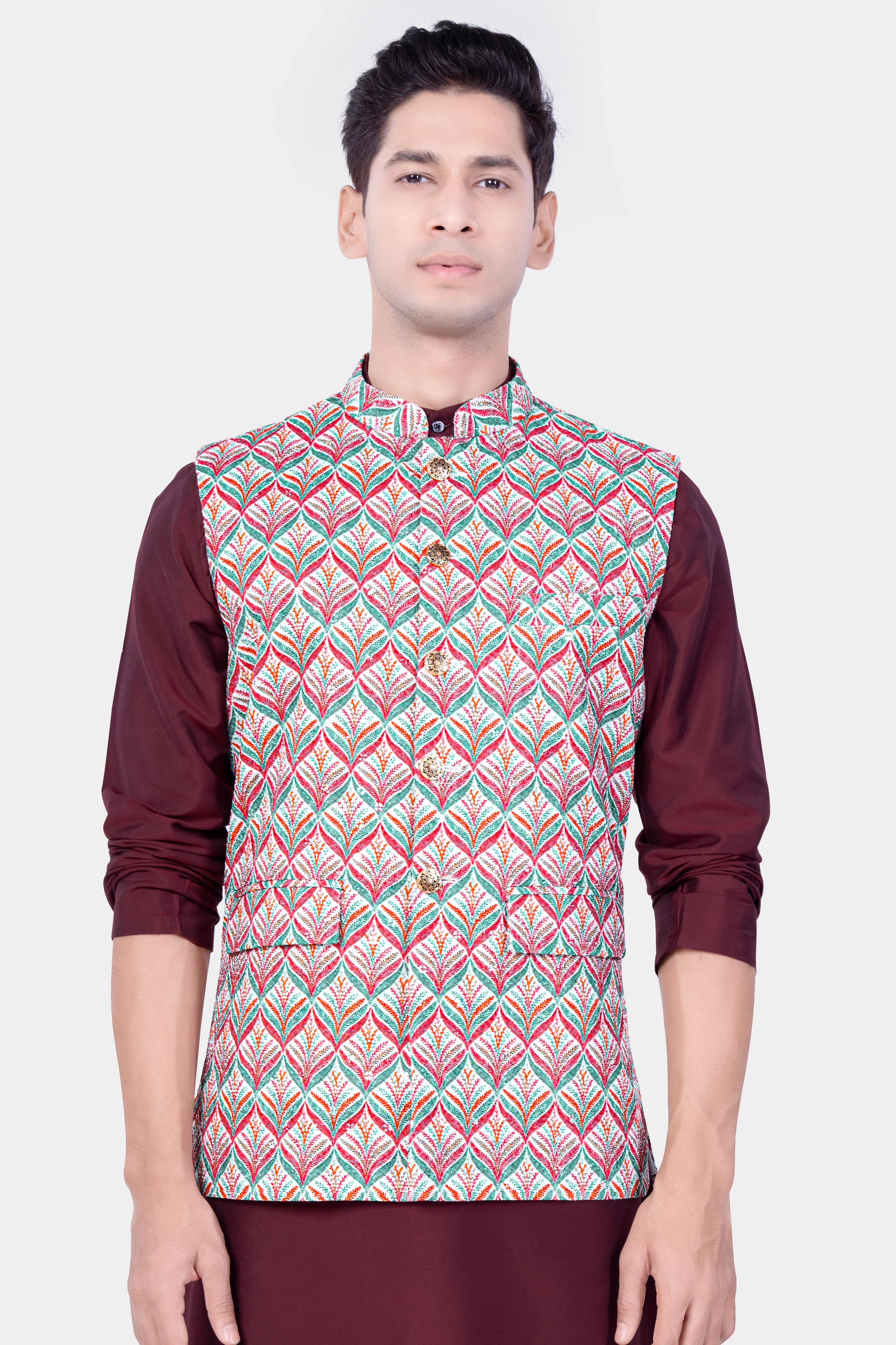 Shiraz Red And Lochinvar Blue Designer Thread Embroidered Nehru Jacket