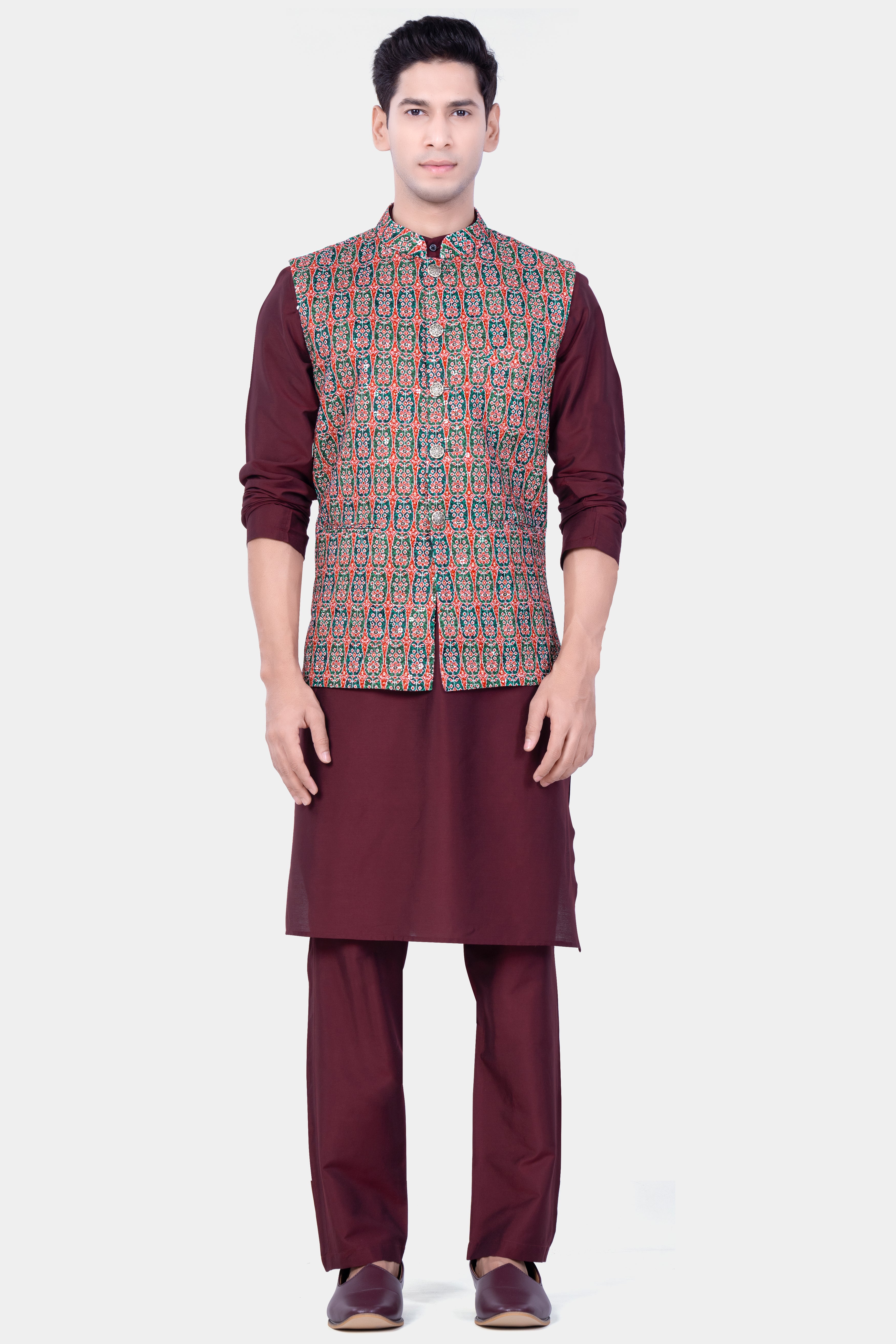Apricot Red And Genoa Green Designer Thread Embroidered Nehru Jacket