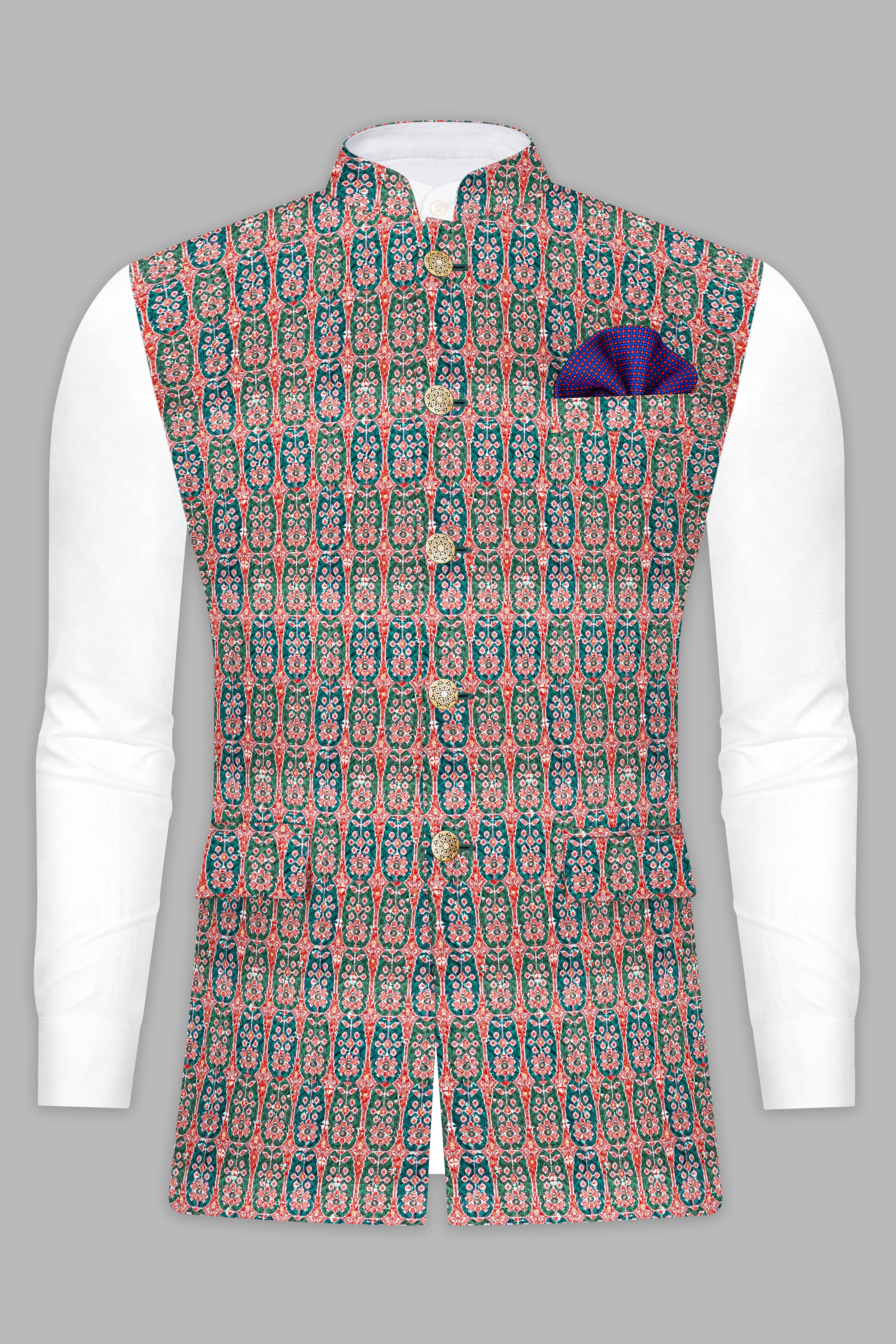 Apricot Red And Genoa Green Designer Thread Embroidered Nehru Jacket