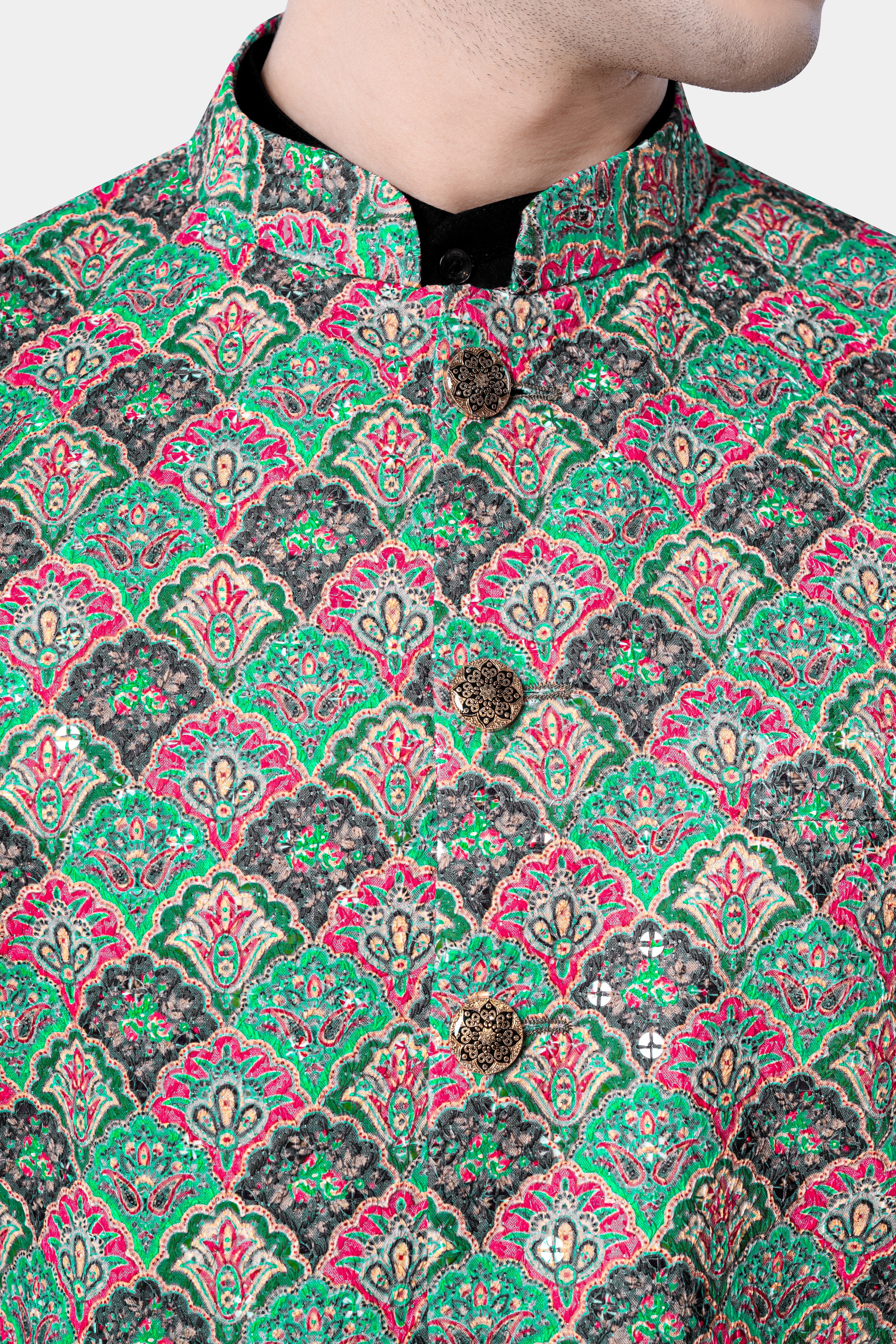 Turquoise Blue And Raspberry Pink Designer Thread Embroidered Nehru Jacket