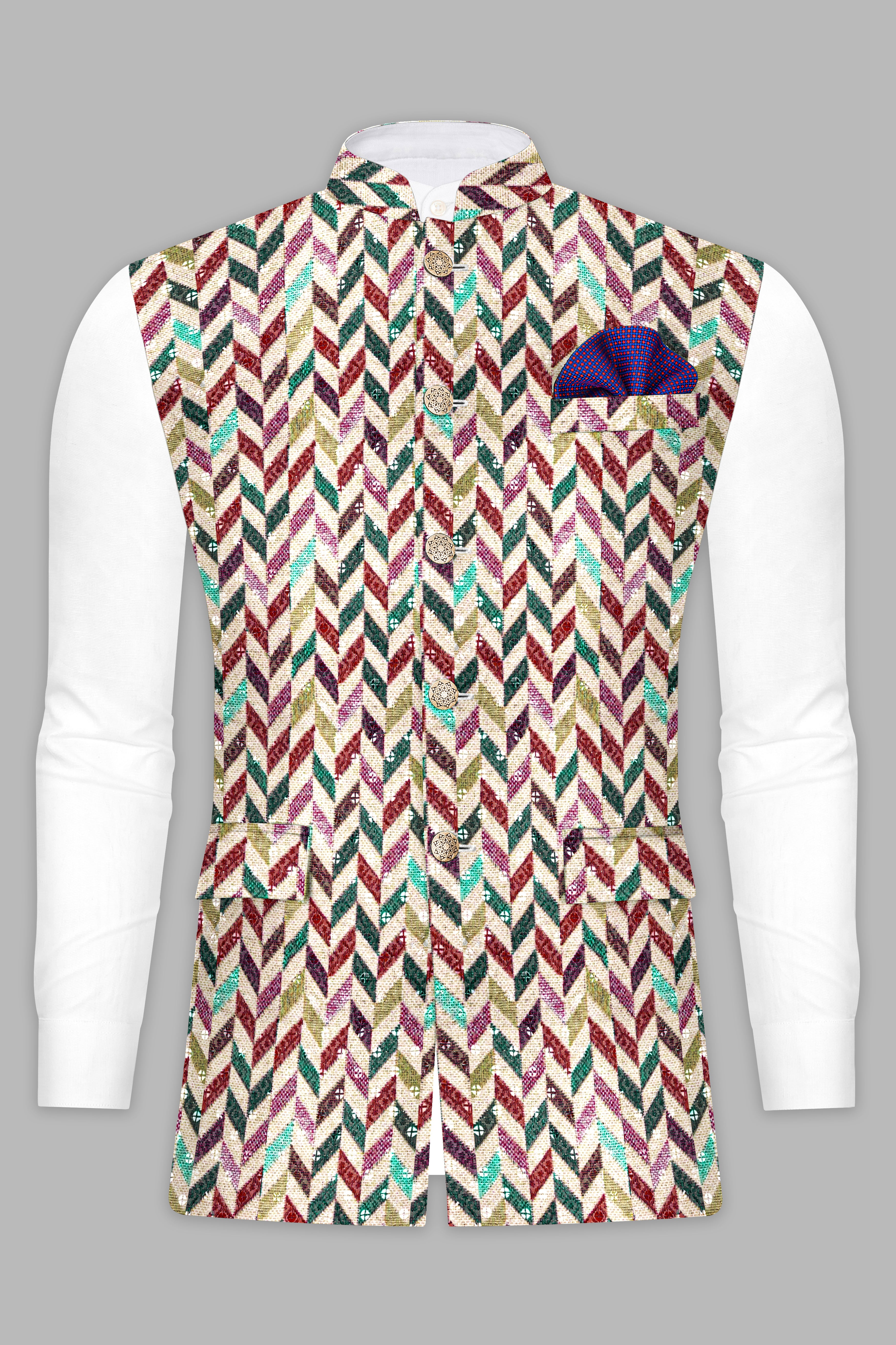 Spanish Cream And Raspberry Pink MultiColour Designer Thread Embroidered Nehru Jacket