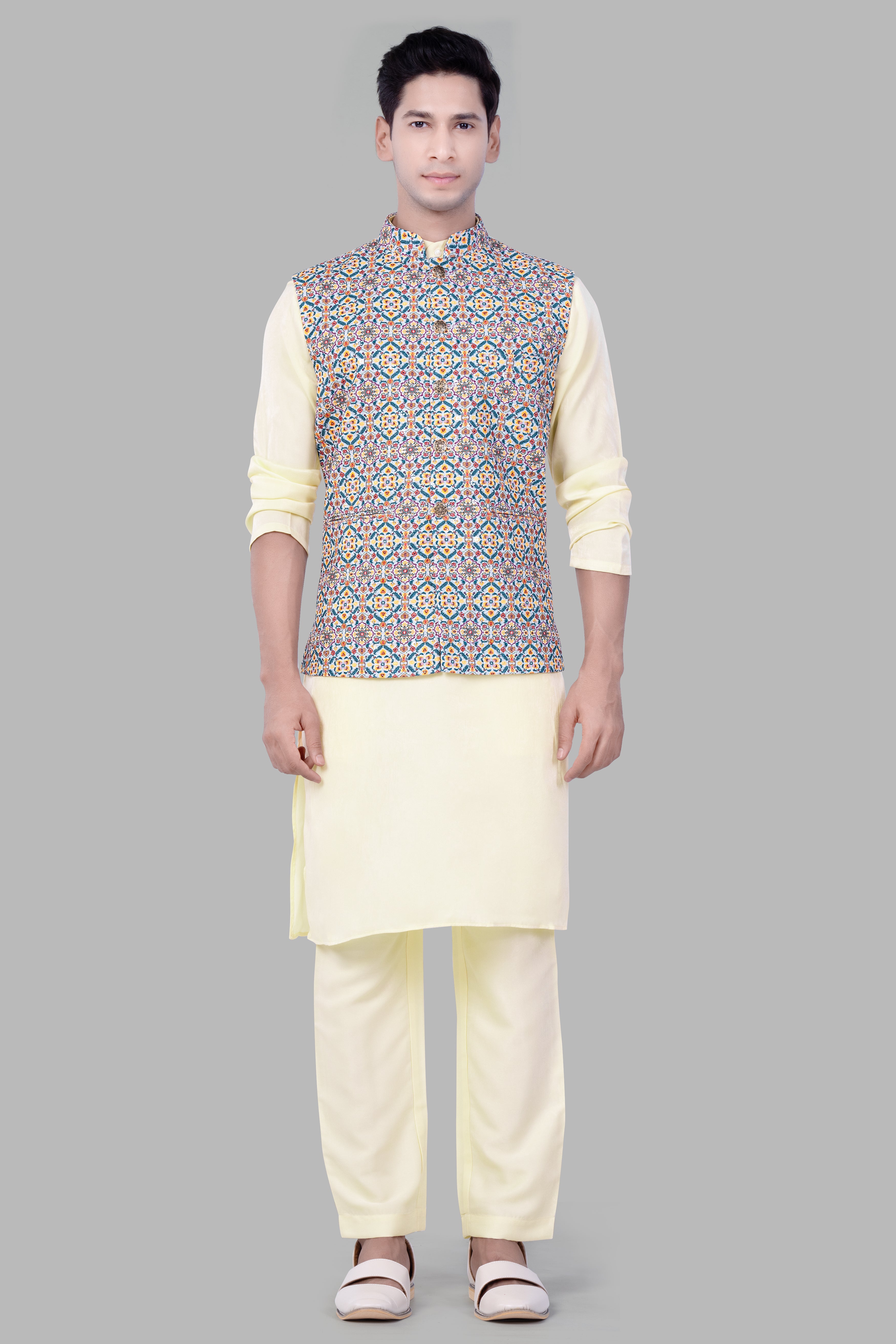 Orient Blue And Tainoi Yellow Designer Thread Embroidered Nehru Jacket
