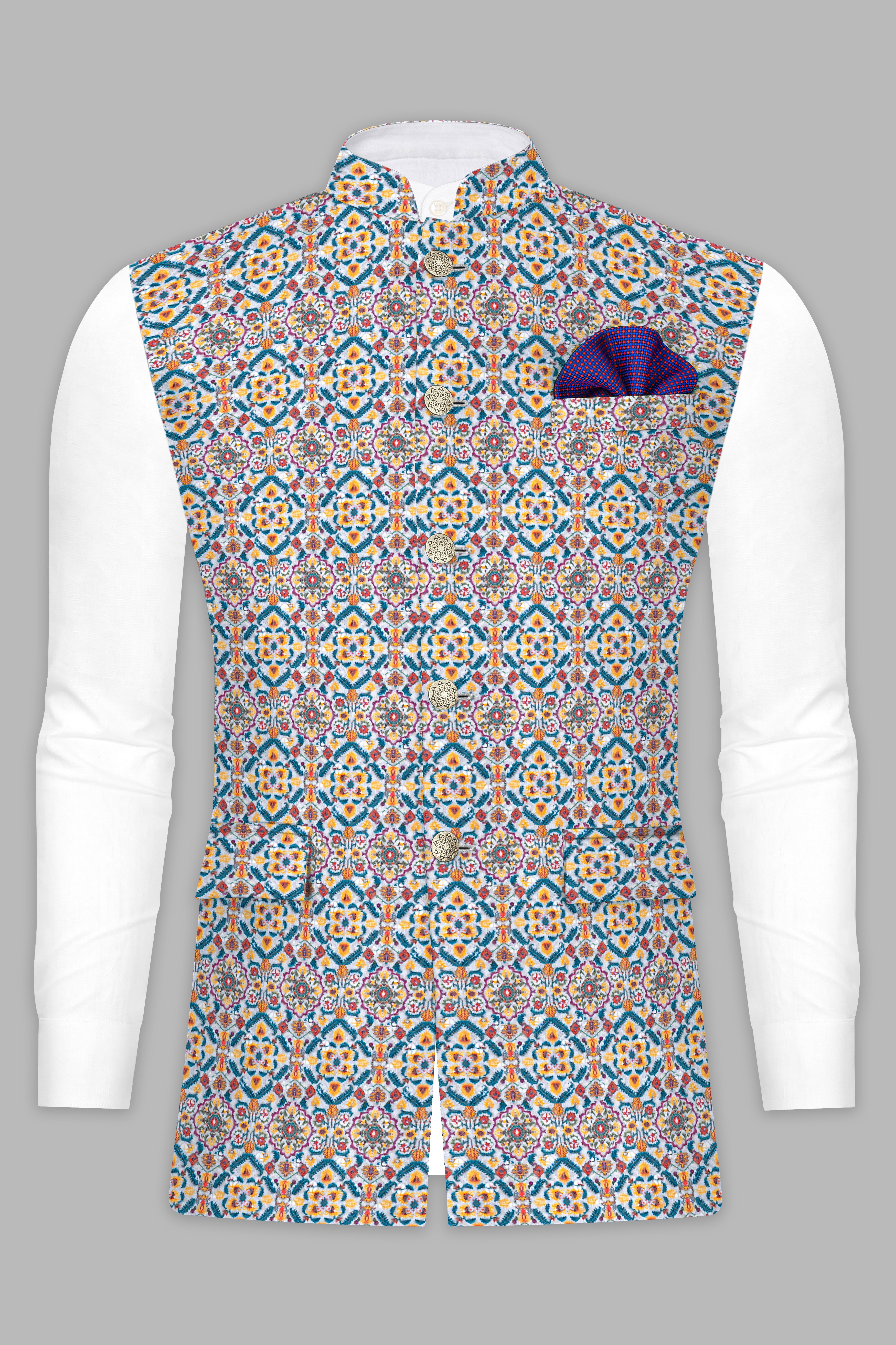 Orient Blue And Tainoi Yellow Designer Thread Embroidered Nehru Jacket