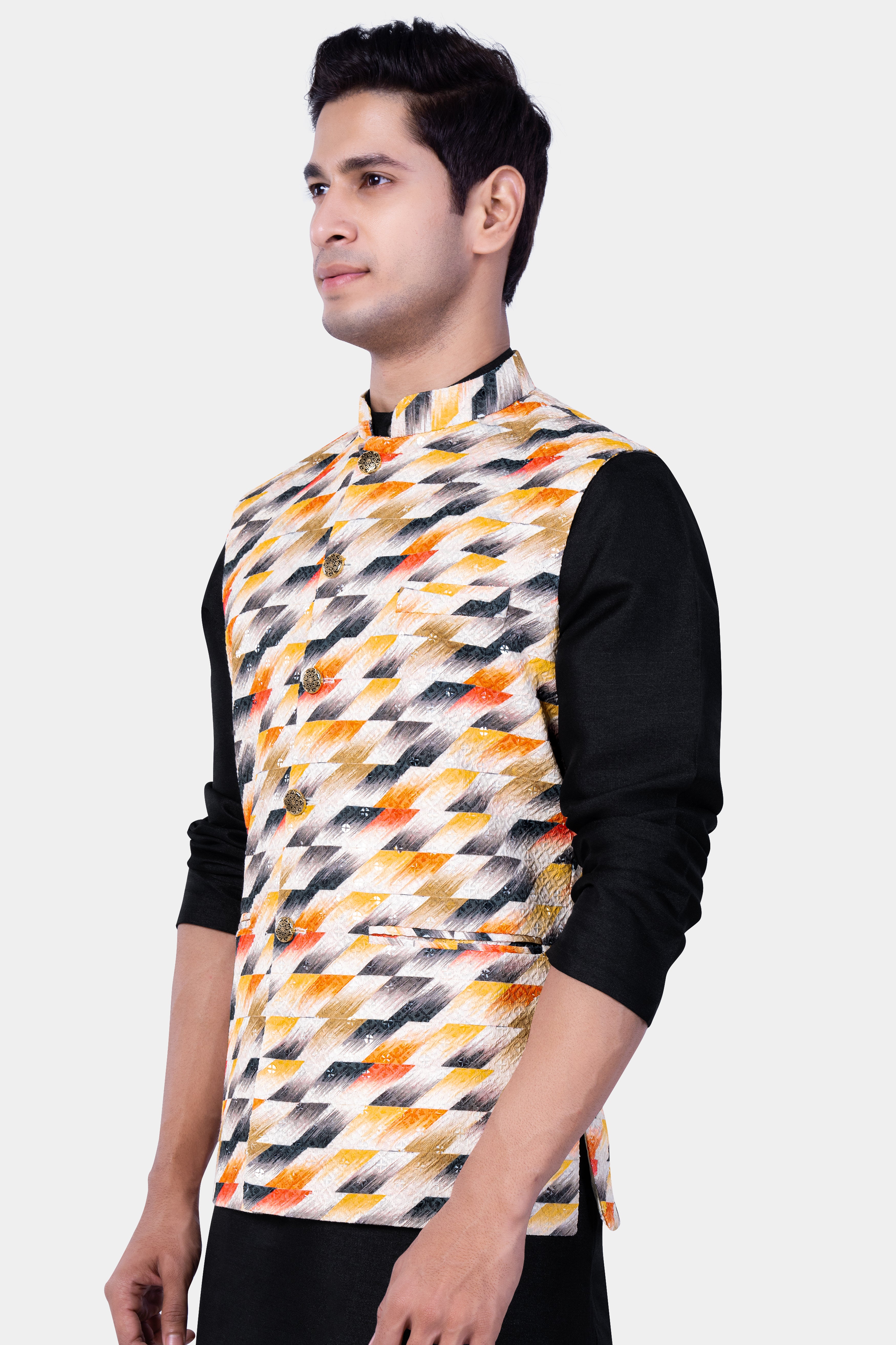 Tree Poppy Orange And Jade Black MultiColour Designer Thread Embroidered Nehru Jacket