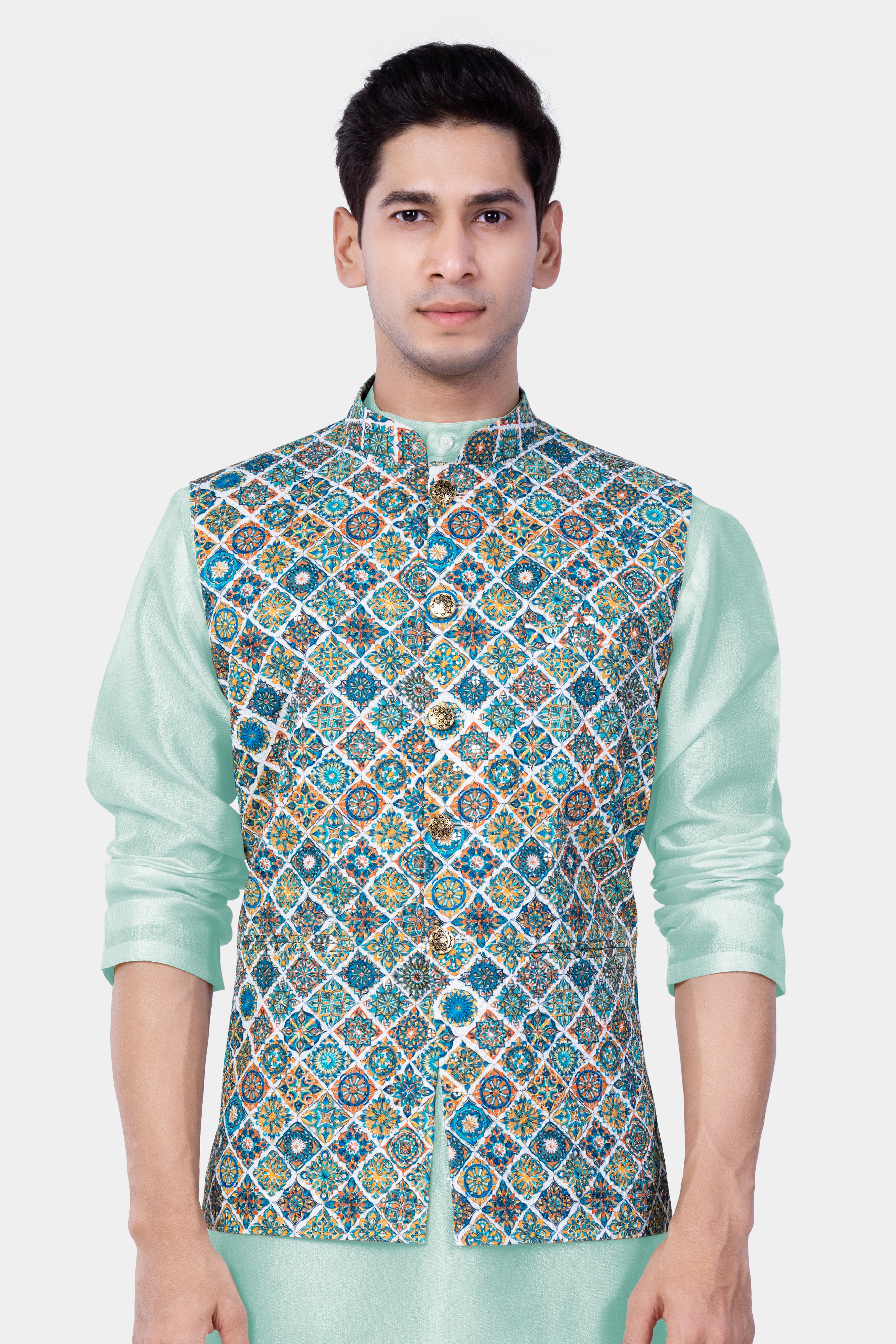 Bright White And Peacock Blue MultiColour Designer Thread Embroidered Nehru Jacket