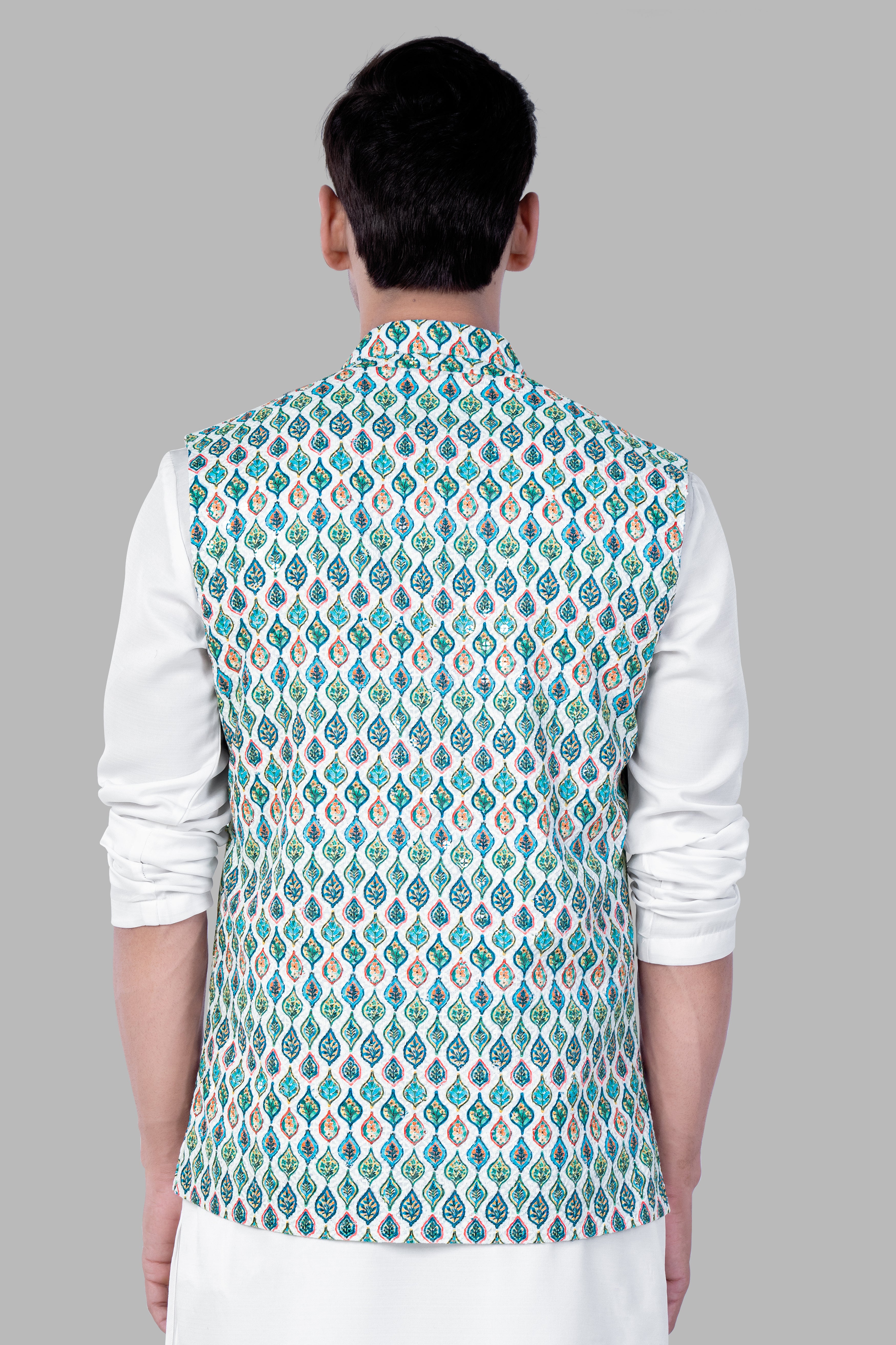 Bright White And Ocean Blue leaf Designer Thread Embroidered Nehru Jacket