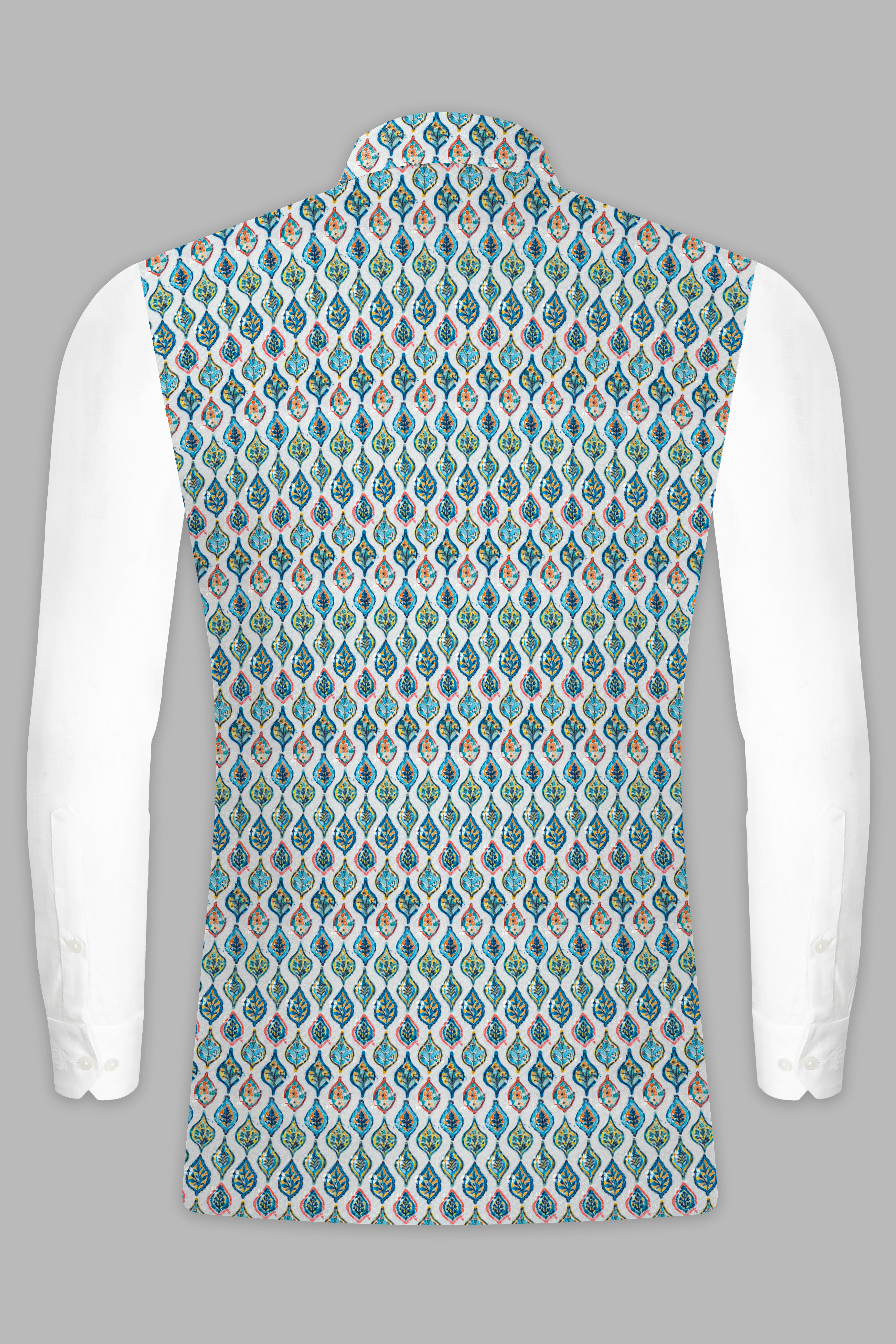 Bright White And Ocean Blue leaf Designer Thread Embroidered Nehru Jacket