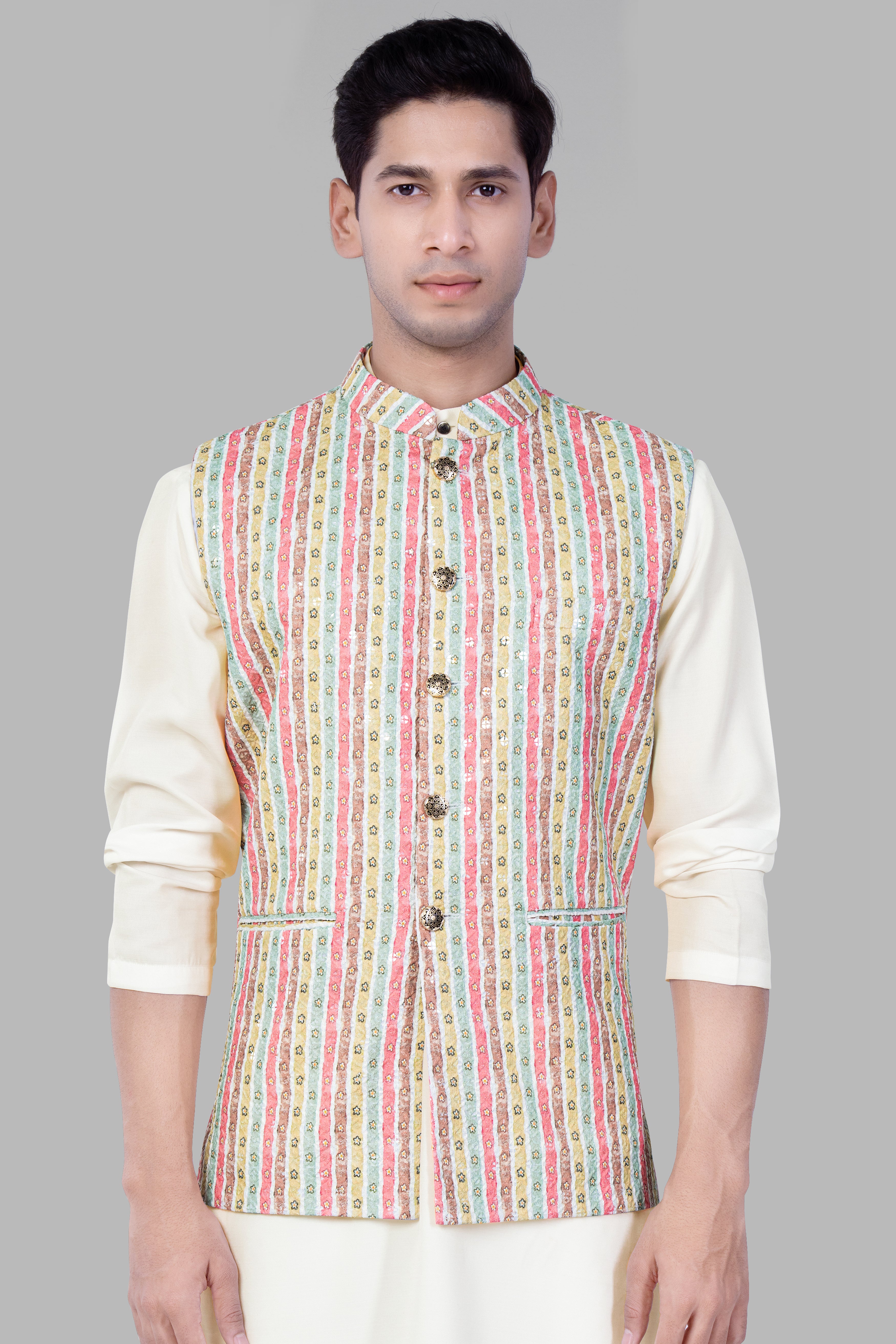 Froly Pink And Apple Blossom Brown MultiColour Designer Thread Embroidered Nehru Jacket