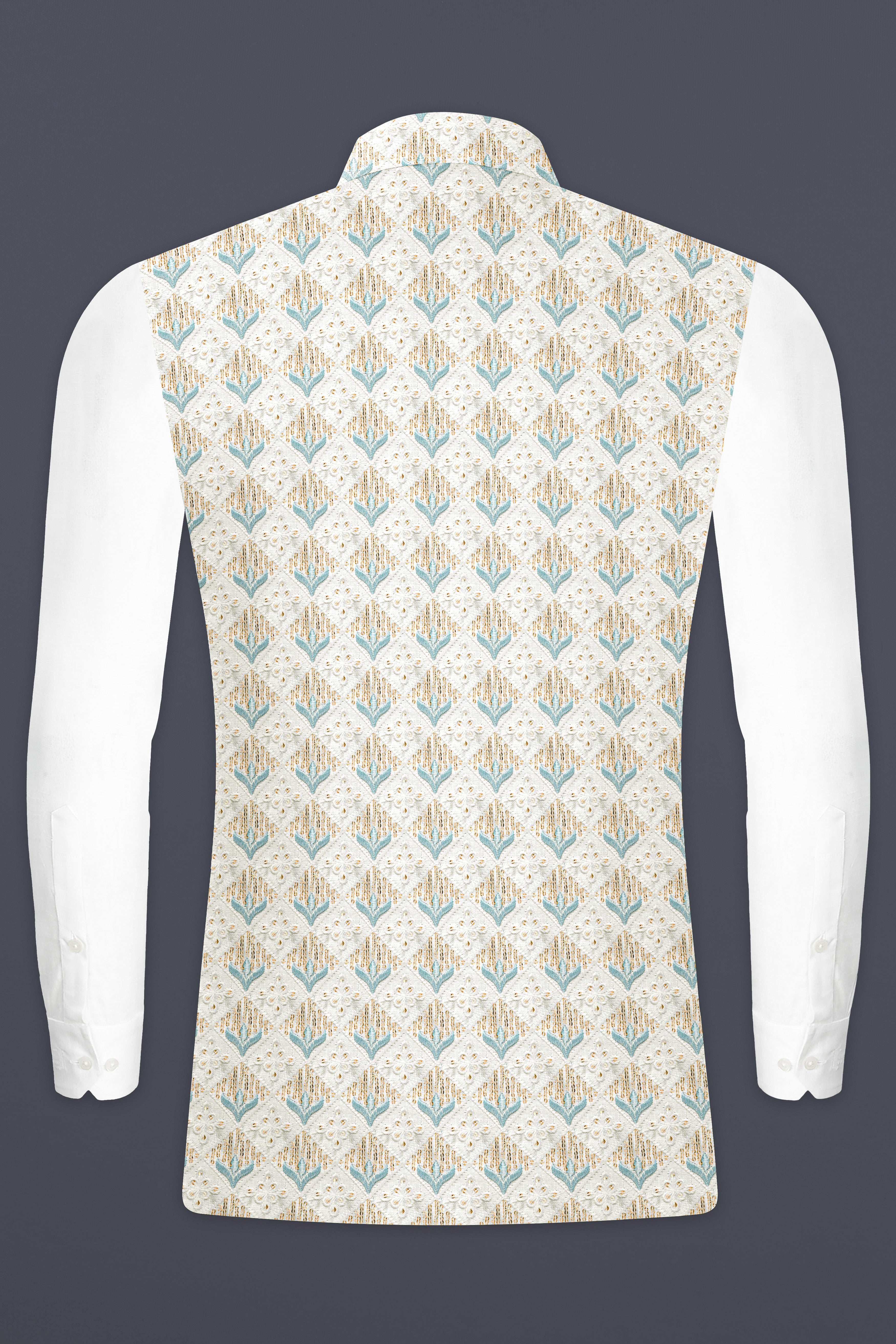 Merino Cream And Gothic Blue Sequin Designer Thread Embroidered Nehru Jacket