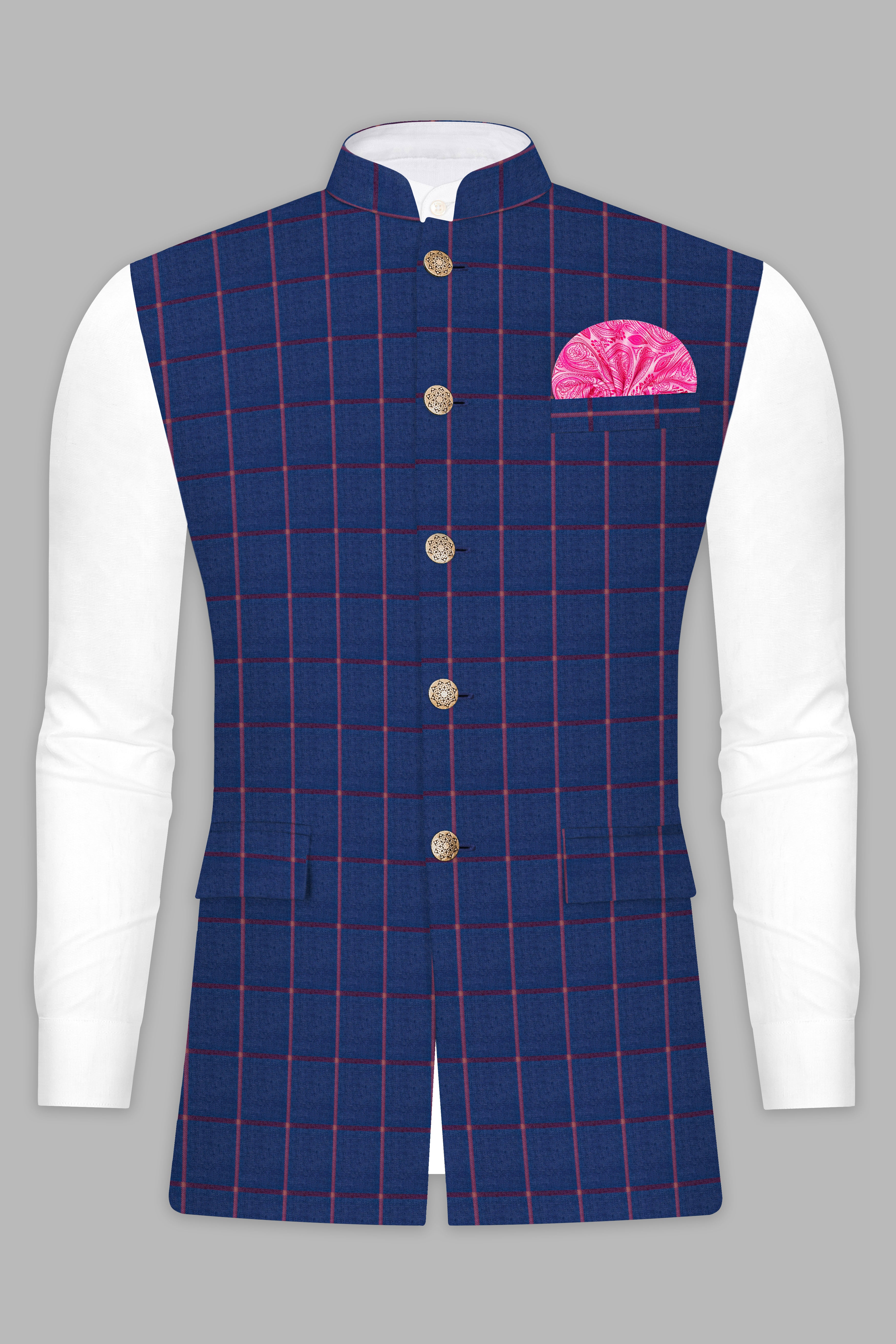 Biscay Blue with Raspberry Pink Windowpane Wool Rich Nehru jacket