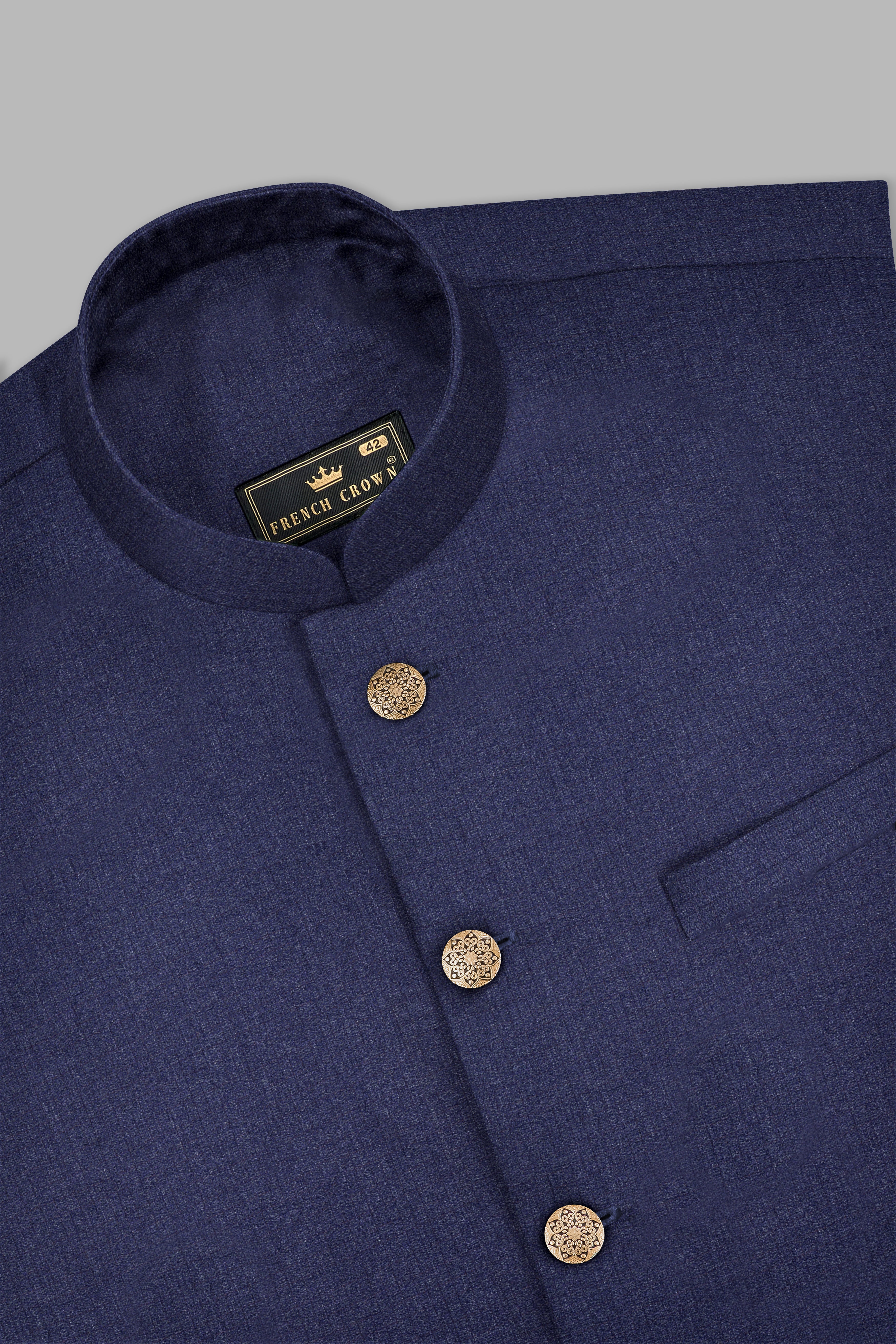 Ebony Clay Blue Textured Wool Blend Nehru Jacket