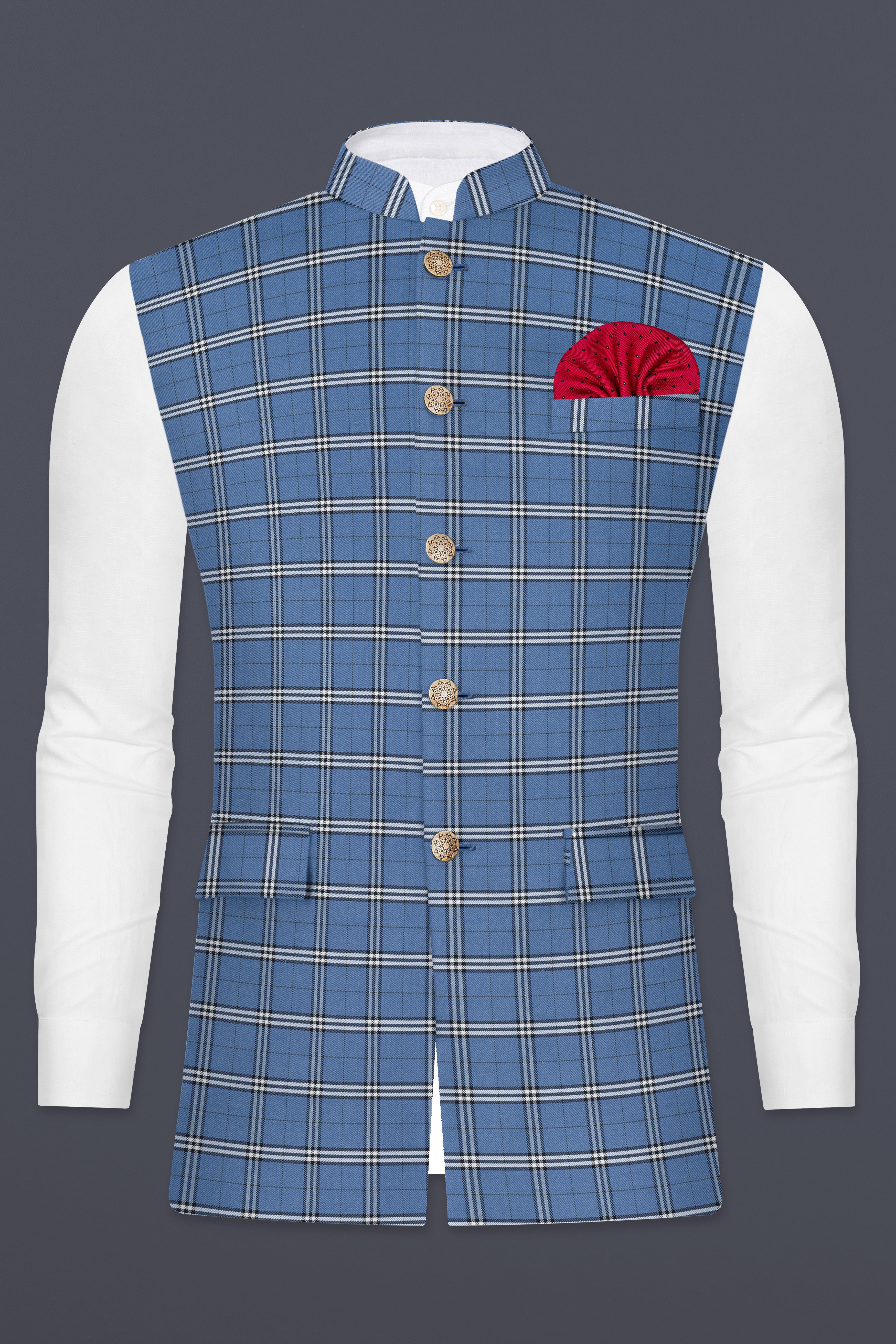 Metalic Blue Plaid Wool Blend Nehru Jacket