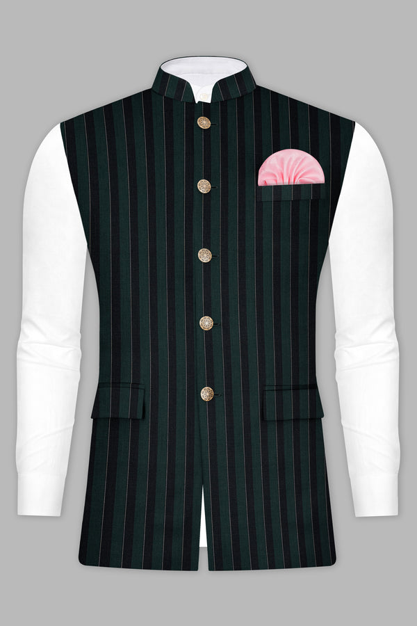 Timber Green With Bunker Black Striped Wool Blend Nehru Jacket