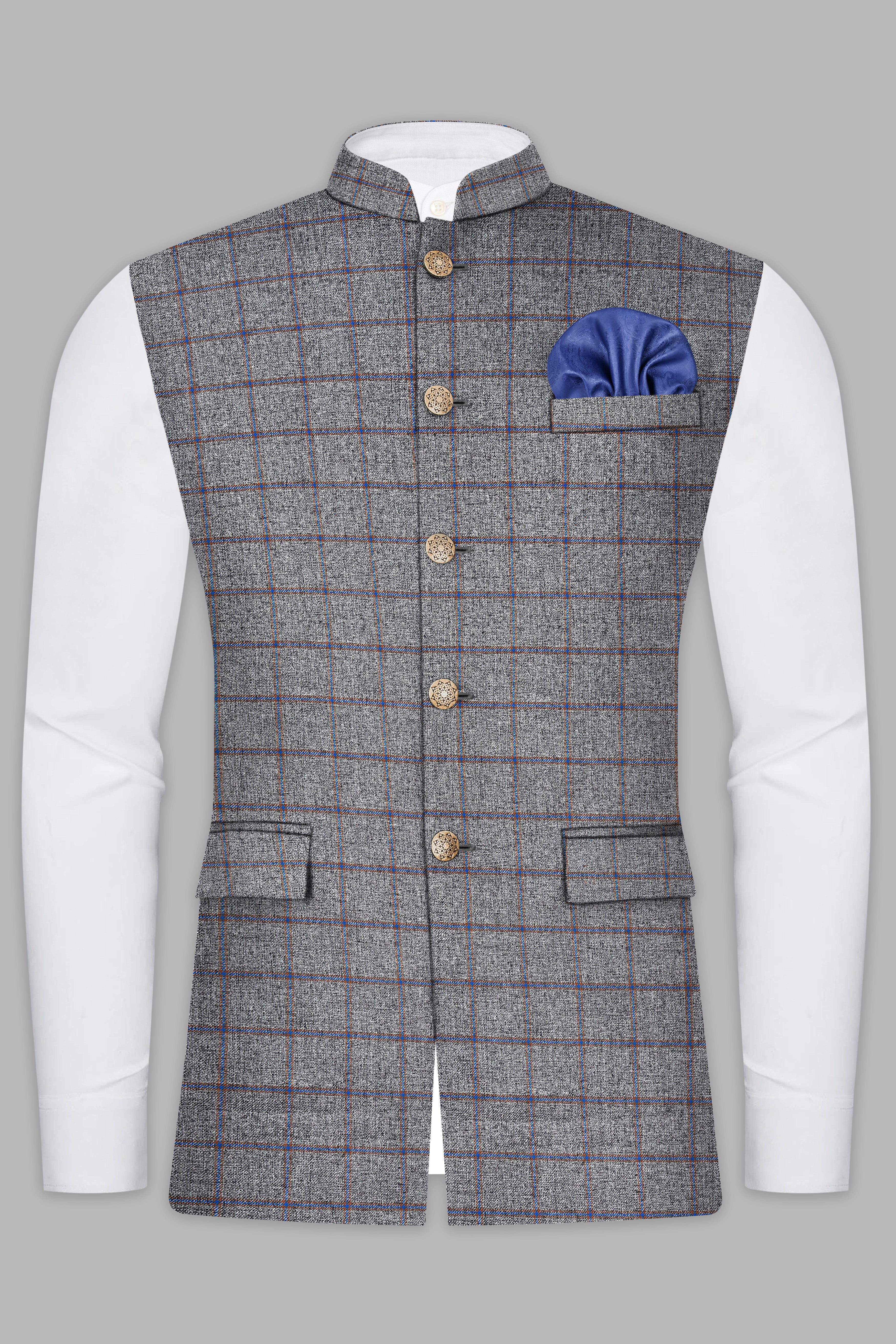 Smokey Gray Windowpane Wool Blend Nehru Jacket