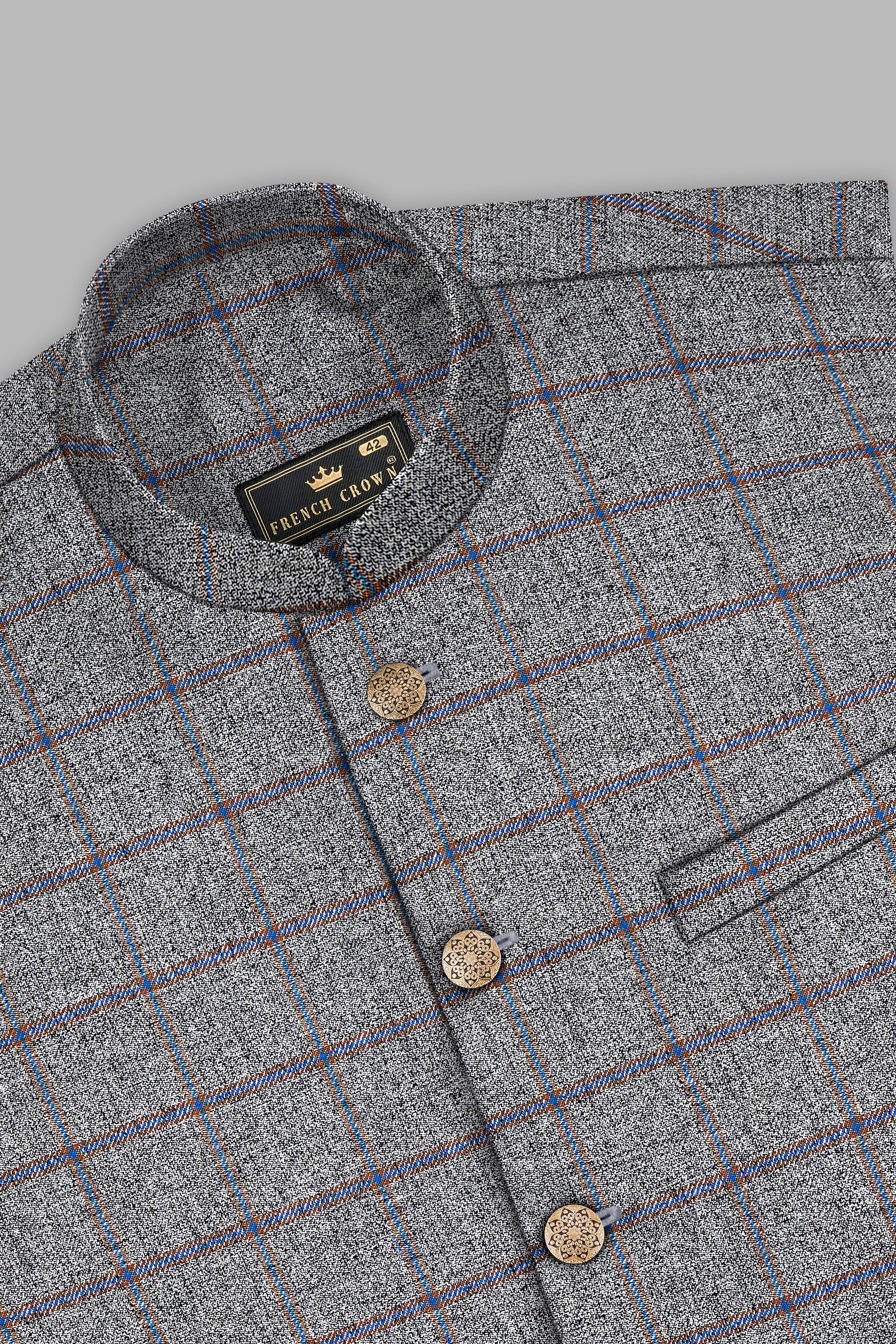 Smokey Gray Windowpane Wool Blend Nehru Jacket