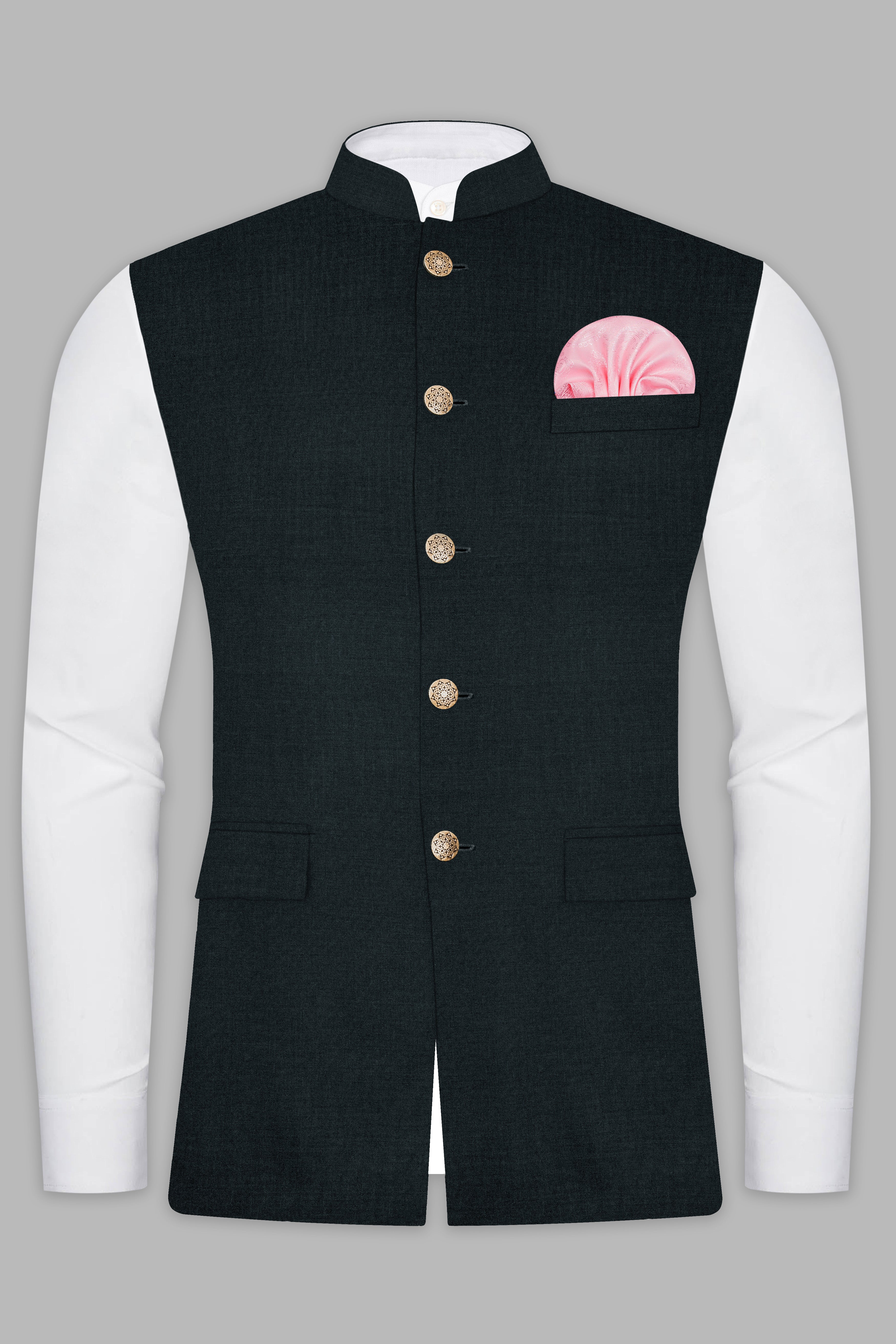 Racing Green Solid Wool Blend Nehru Jacket