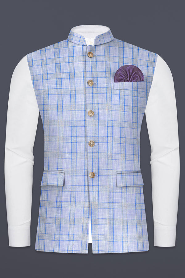 Carolina Blue Plaid Wool Blend Nehru Jacket