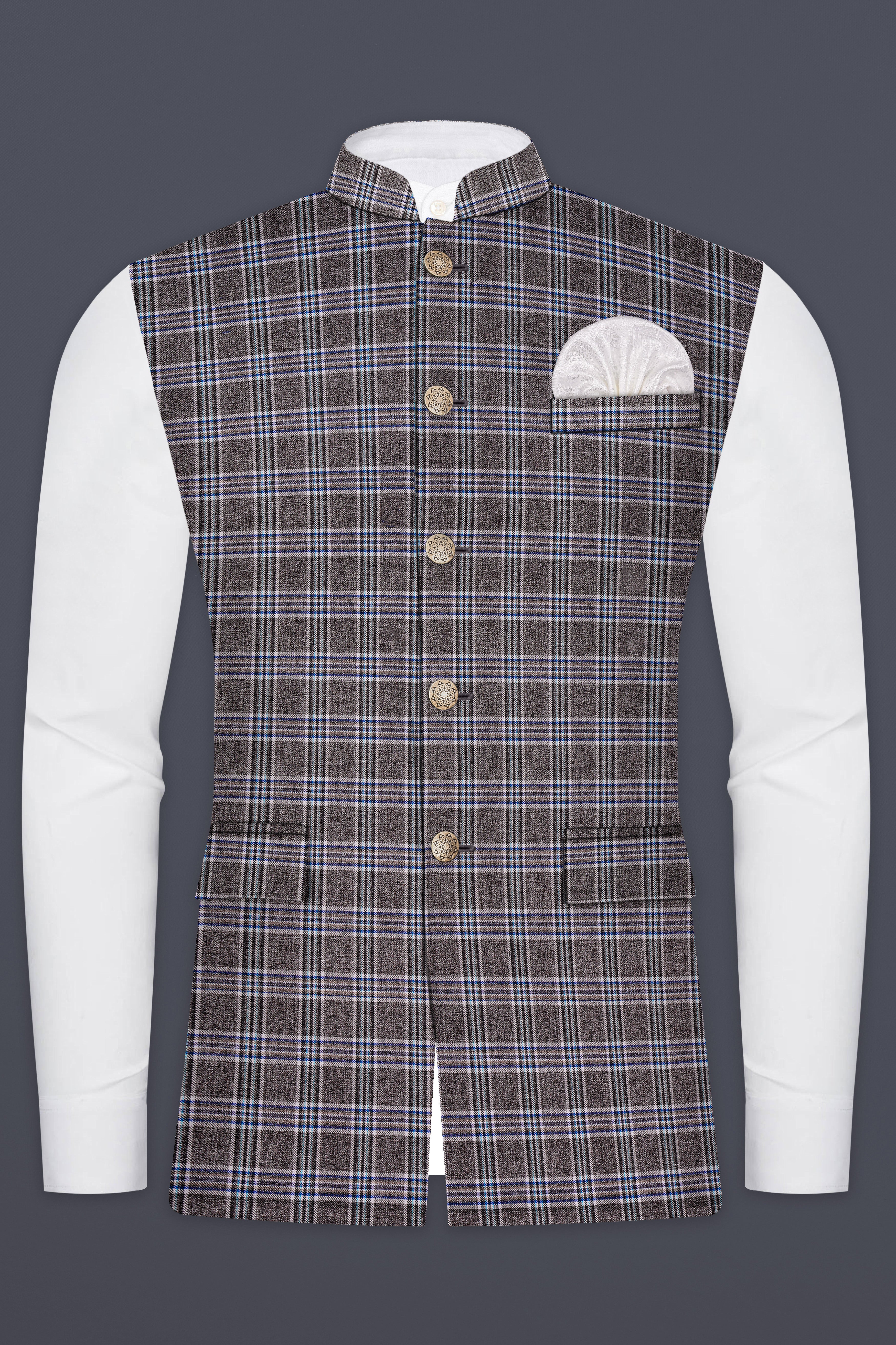 Ironside Grey Plaid Wool Blend Nehru Jacket