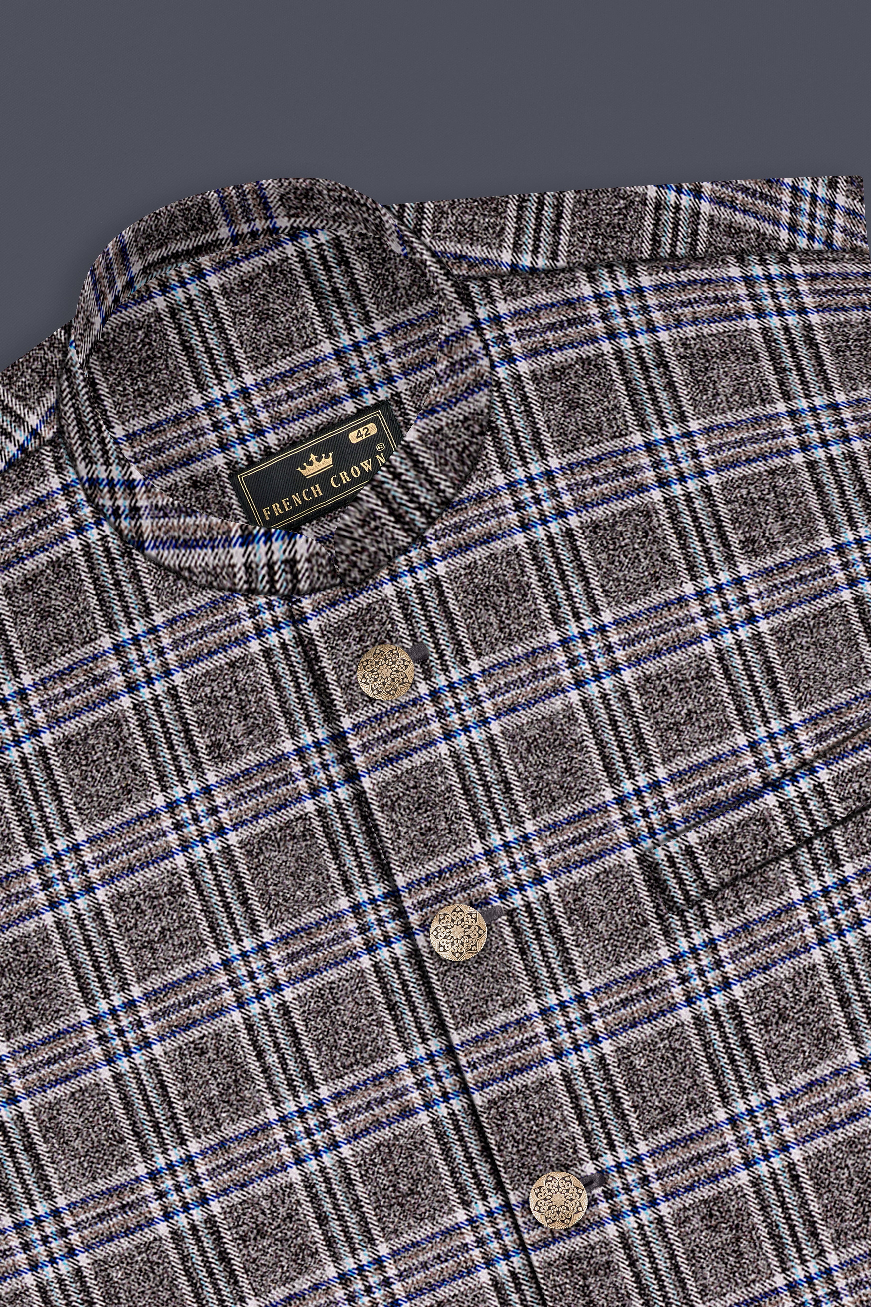 Ironside Grey Plaid Wool Blend Nehru Jacket