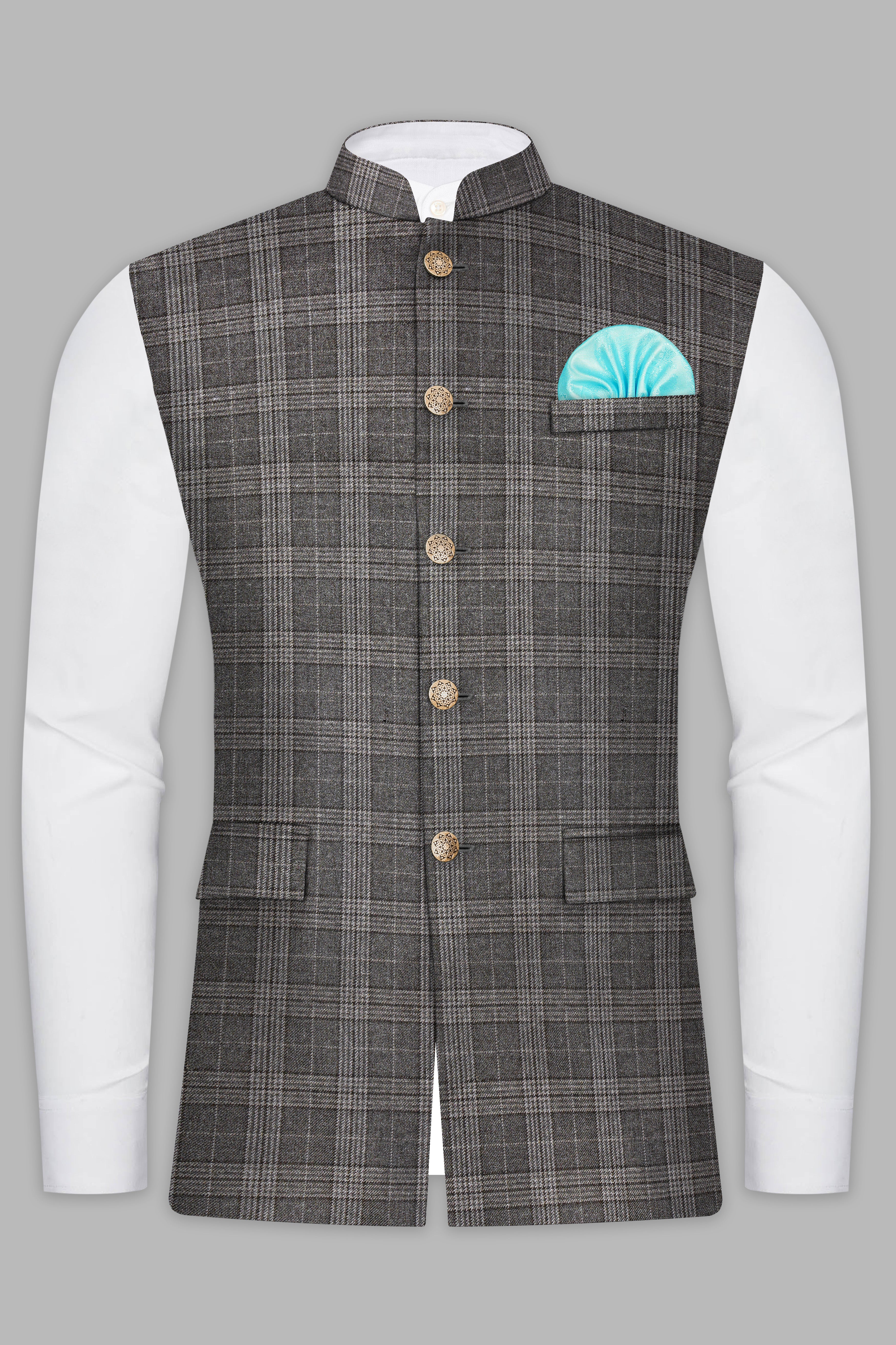 Iridium Gray Plaid Tweed Wool Blend Nehru Jacket