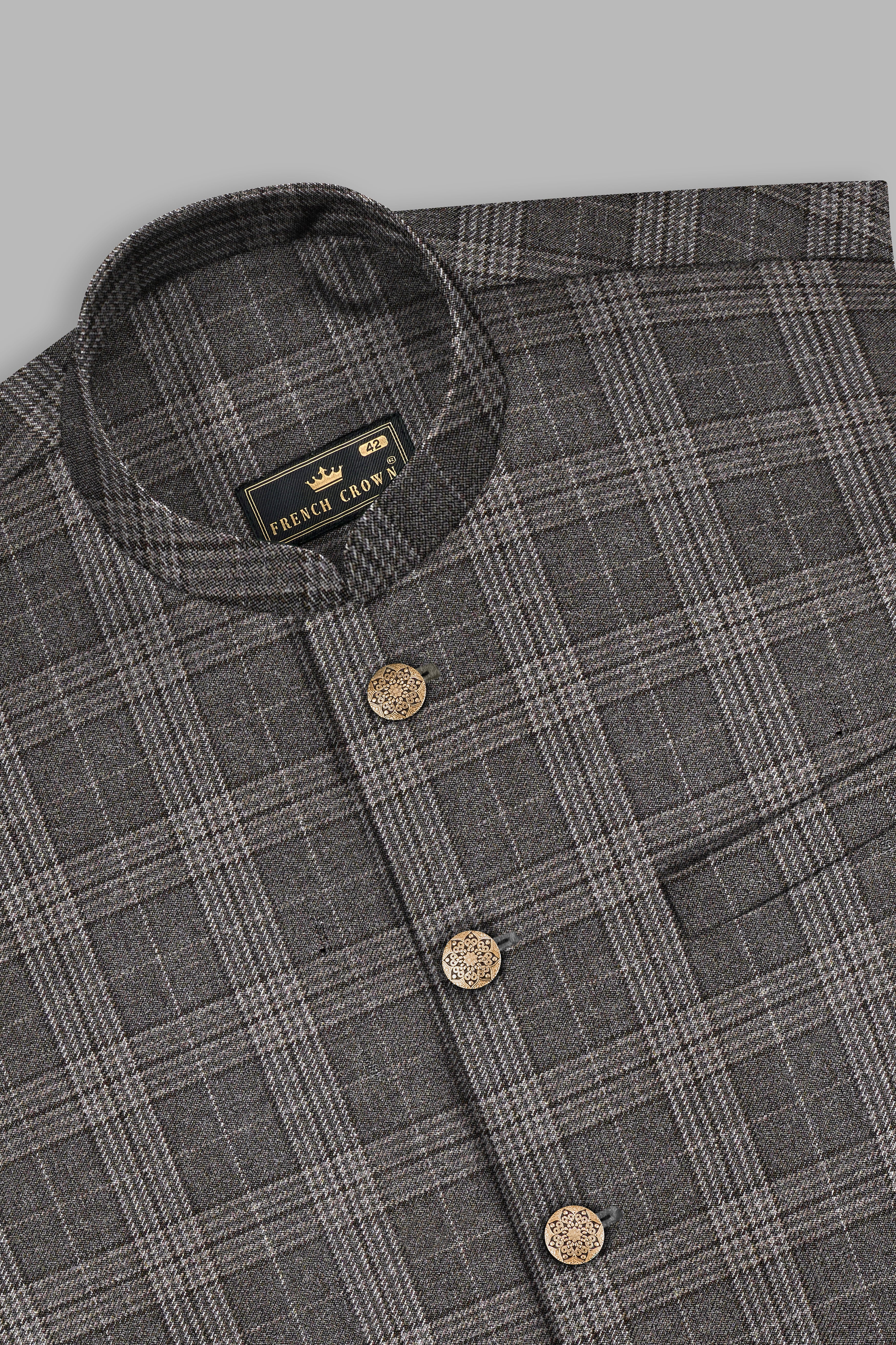 Iridium Gray Plaid Tweed Wool Blend Nehru Jacket