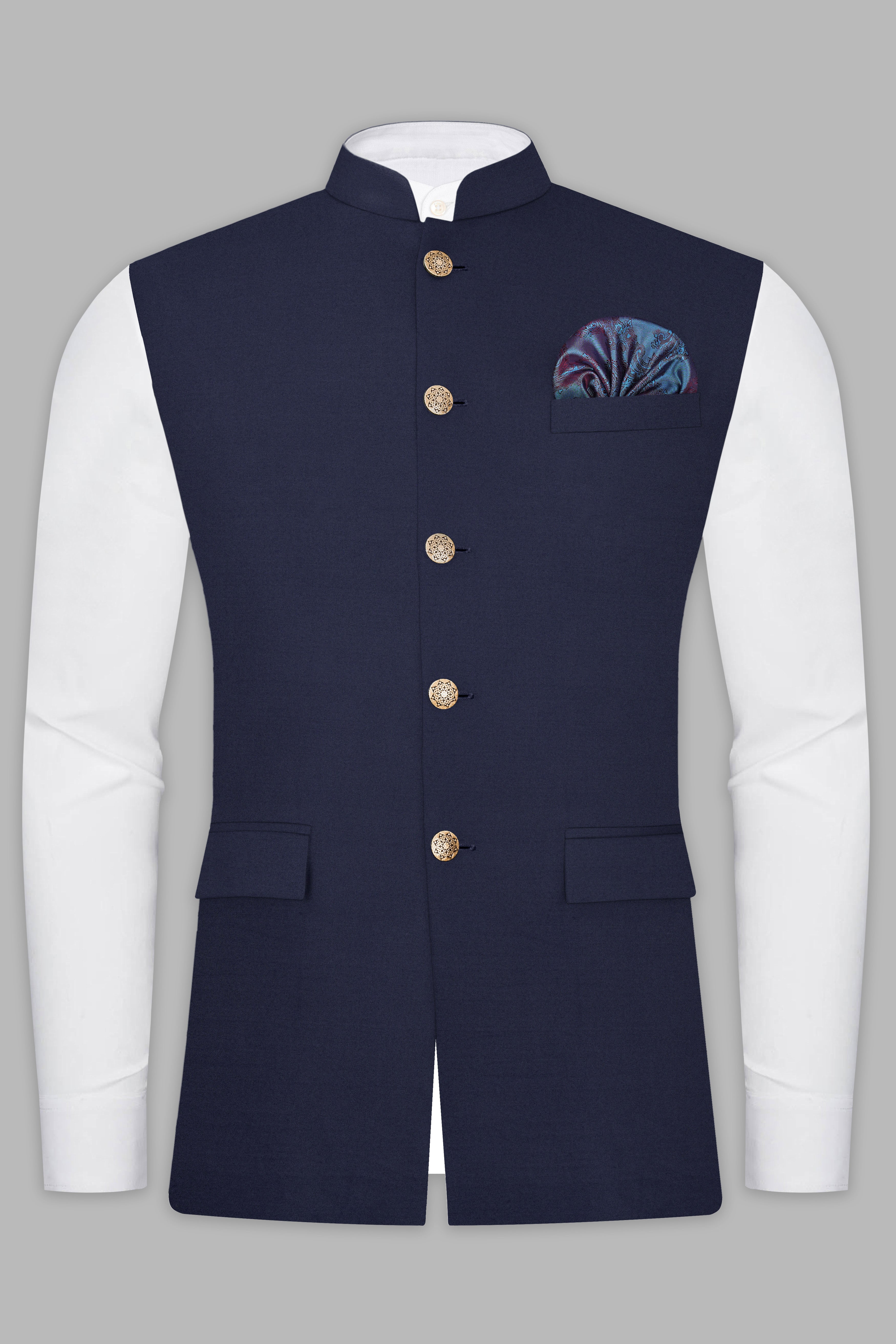 Space Cadet Blue Solid Wool Blend Nehru Jacket