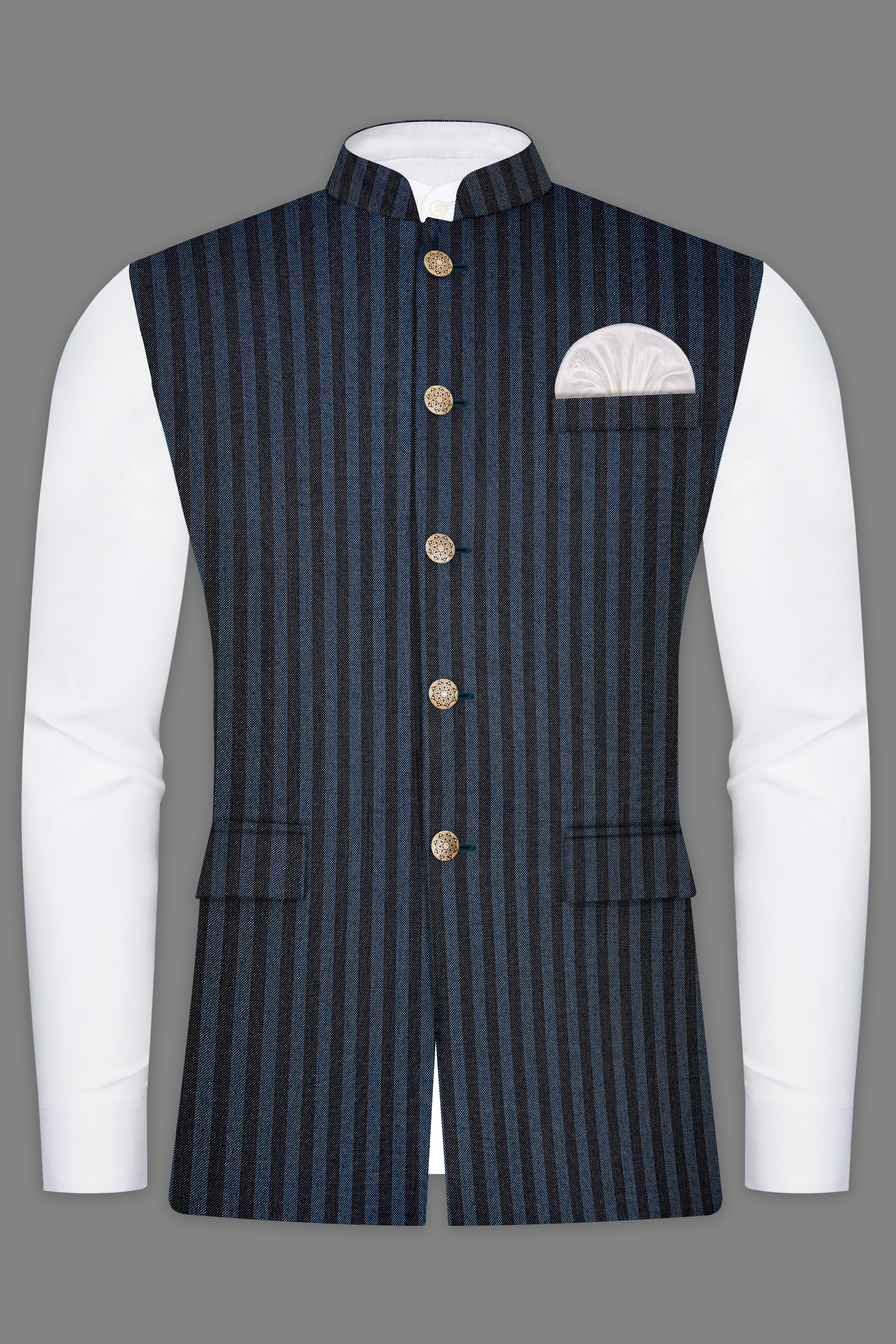 Tiber Blue And Jade Black Striped Wool Blend Nehru Jacket