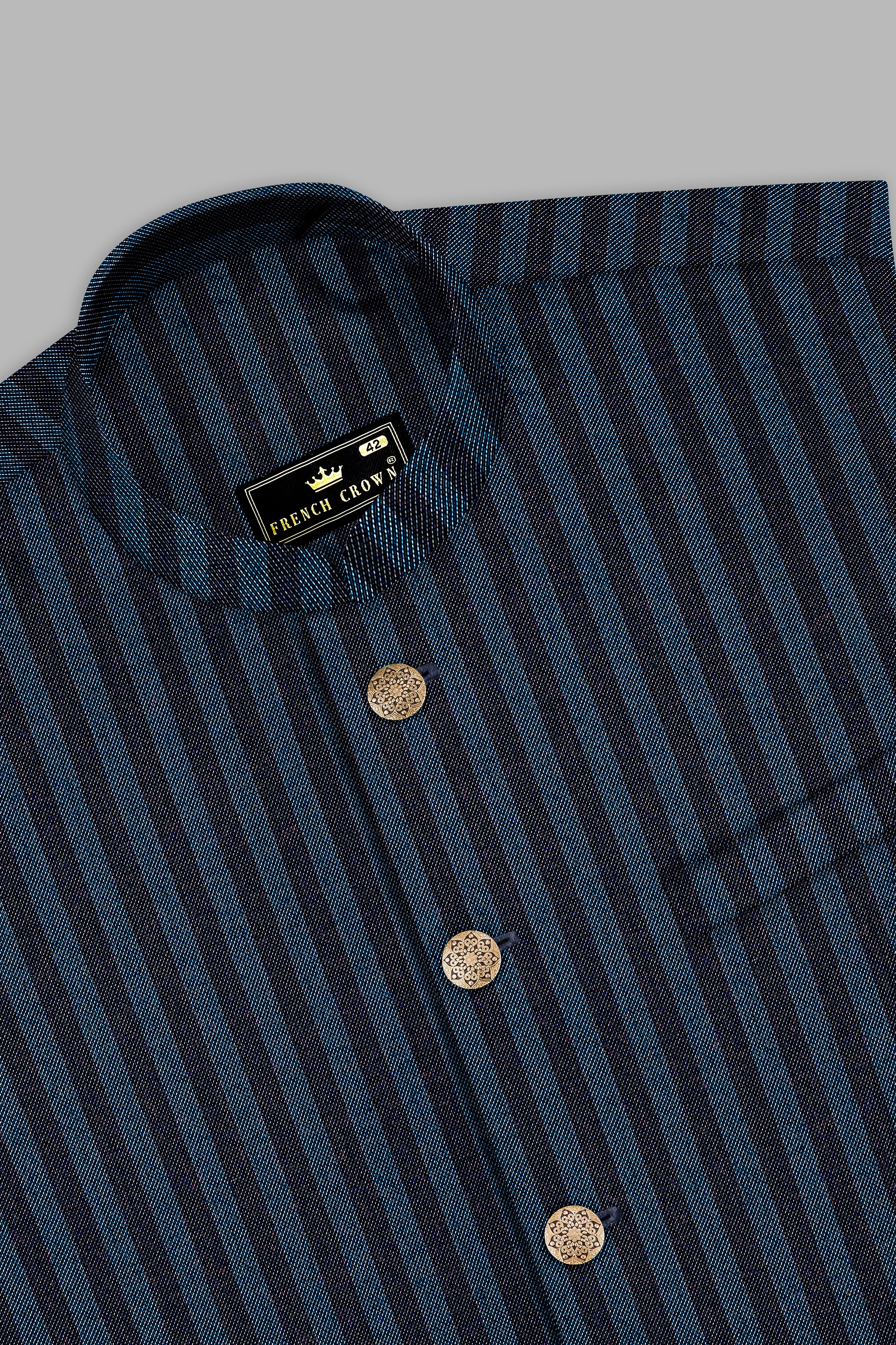 Tiber Blue And Jade Black Striped Wool Blend Nehru Jacket