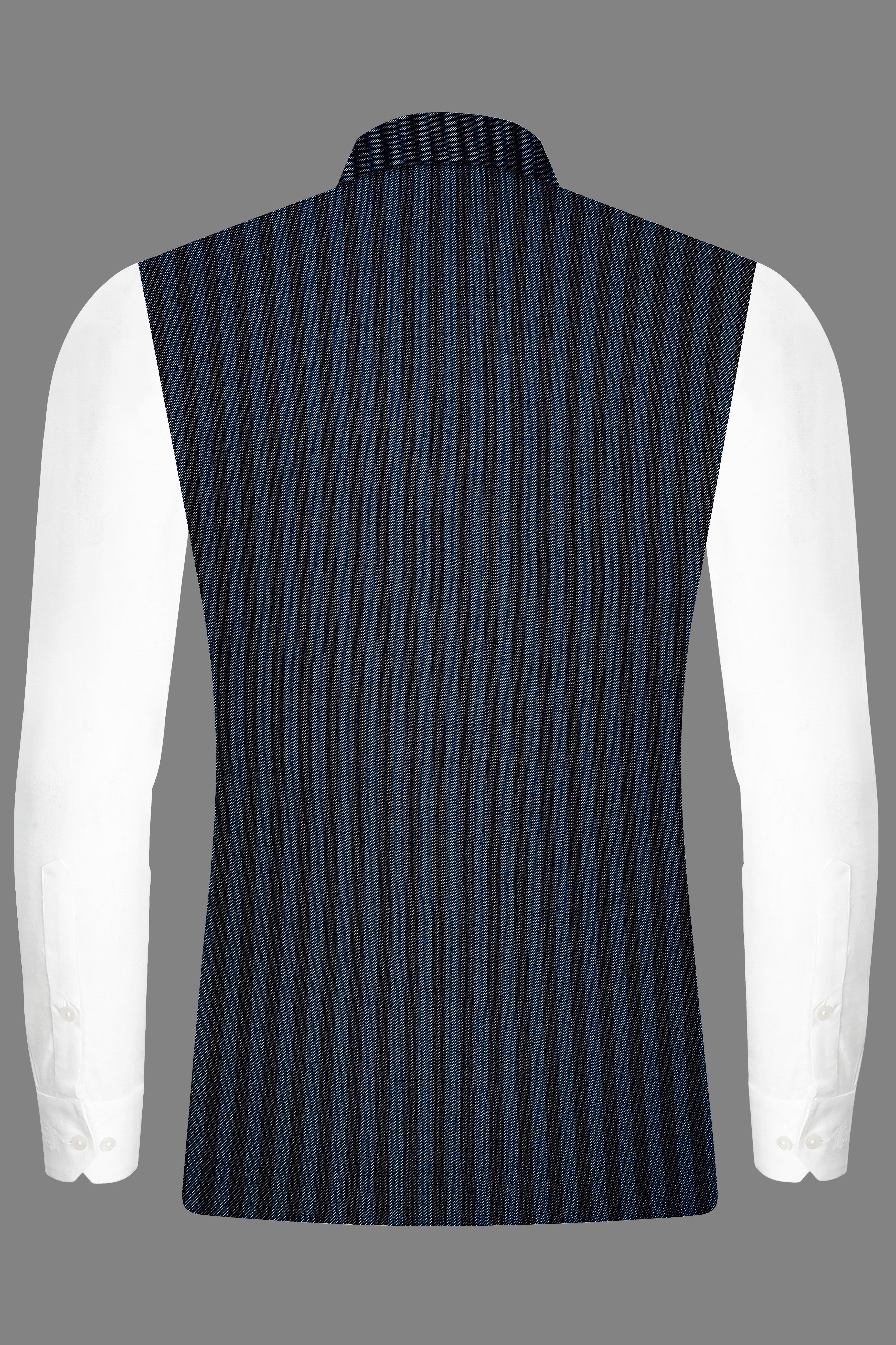 Tiber Blue And Jade Black Striped Wool Blend Nehru Jacket