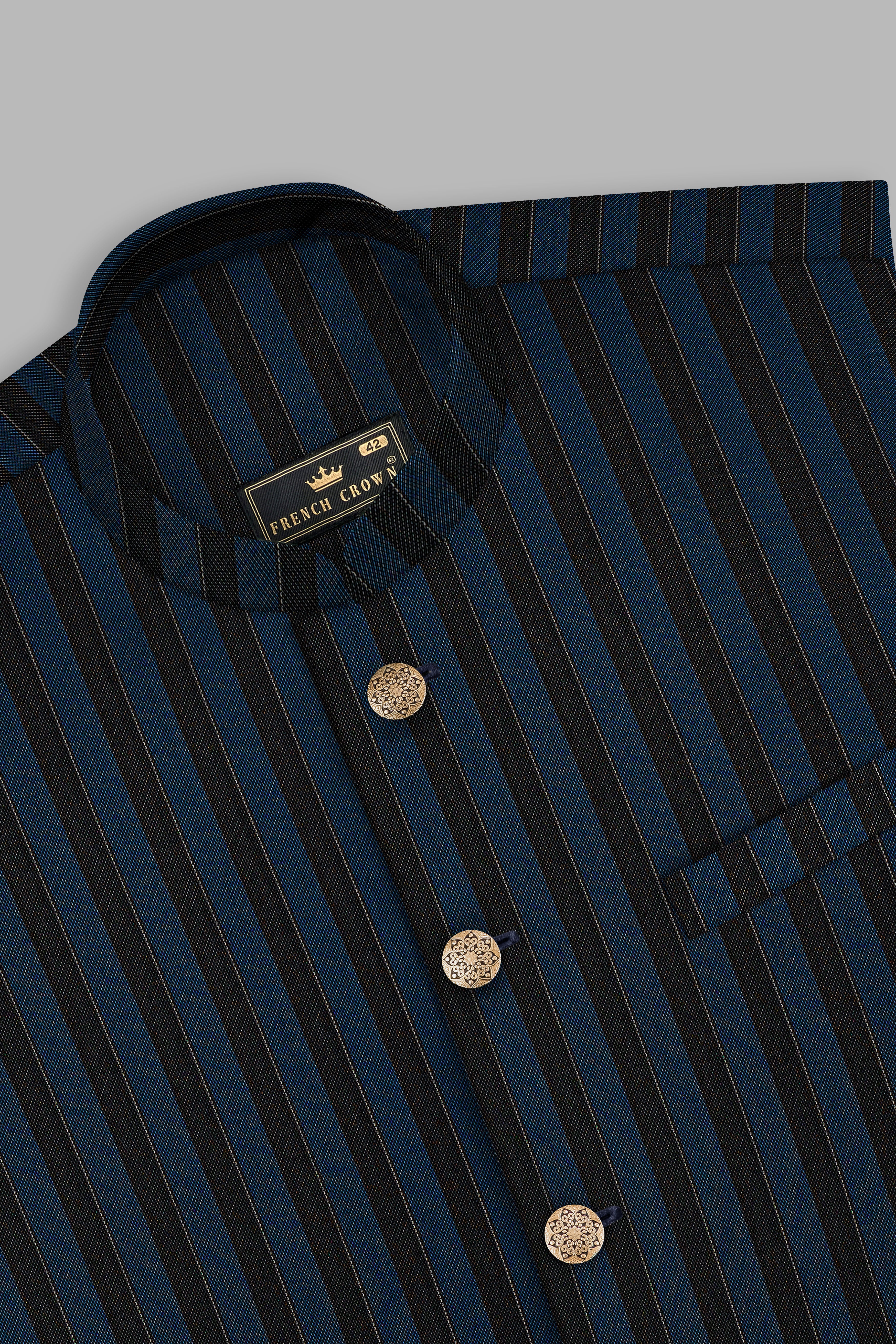 Daintree Blue And Jade Black Striped Wool Blend Nehru Jacket